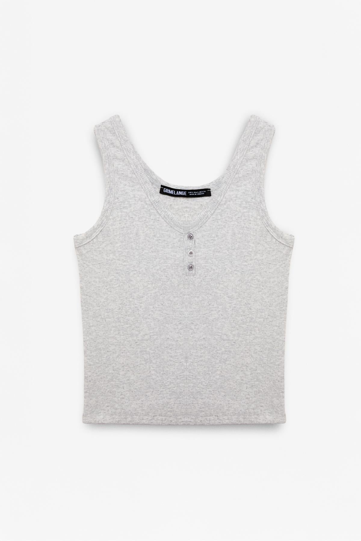 MAVSERA Kadın Kalın Askılı U Yaka Patlı Düğmeli Crop Slim Grimelanj Atlet