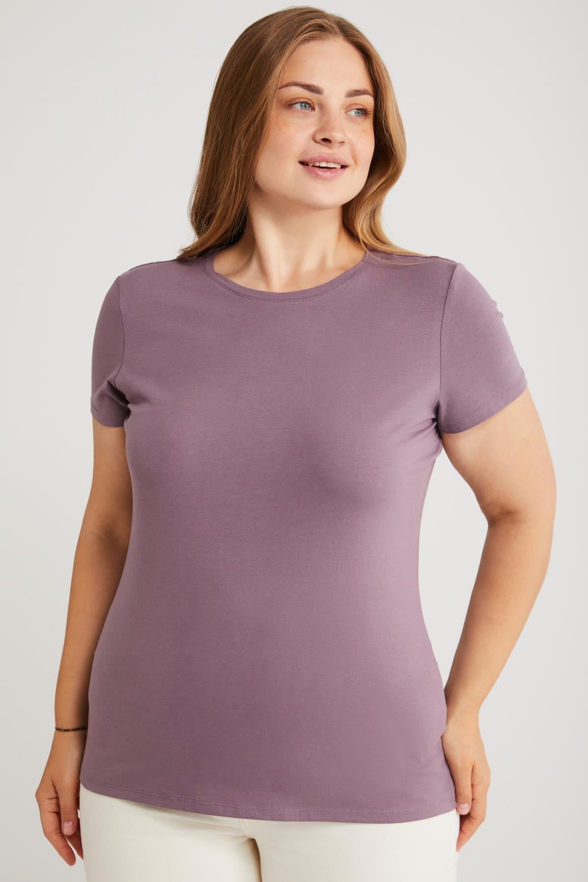 Mayra Kadın Slim Fit Dar Kalıp Bisiklet Yaka Basıc Mor Büyük Beden T-shirt