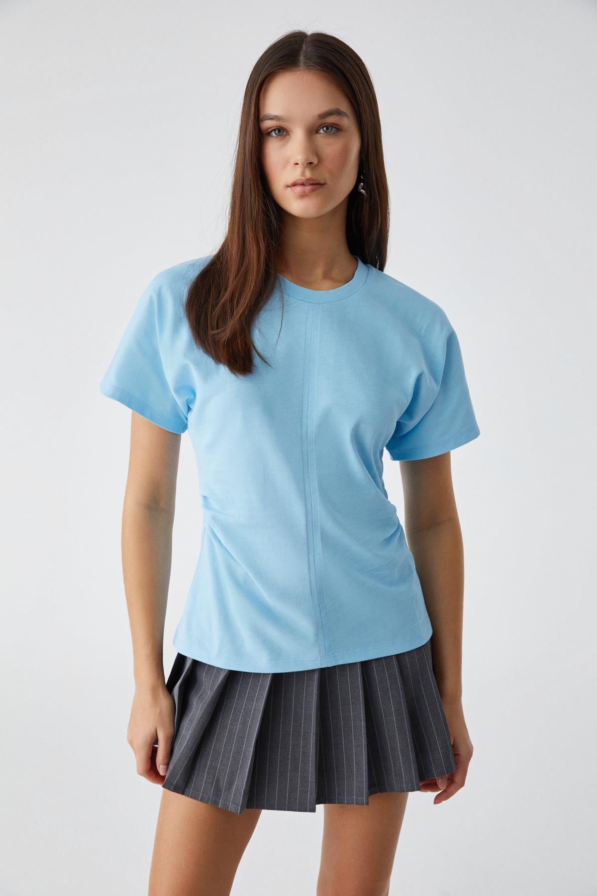 NEXUS Kadın Regular Bisiklet Yaka Büzgü Mavi T-Shirt