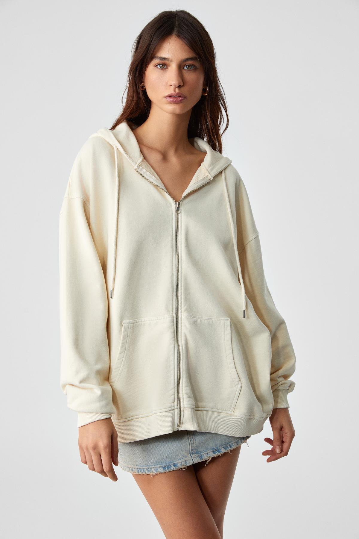 NISPORENI Kadın Oversize Fit Kapüşonlu %100 Organik Pamuk 3 İplik Krem Sweatshirt