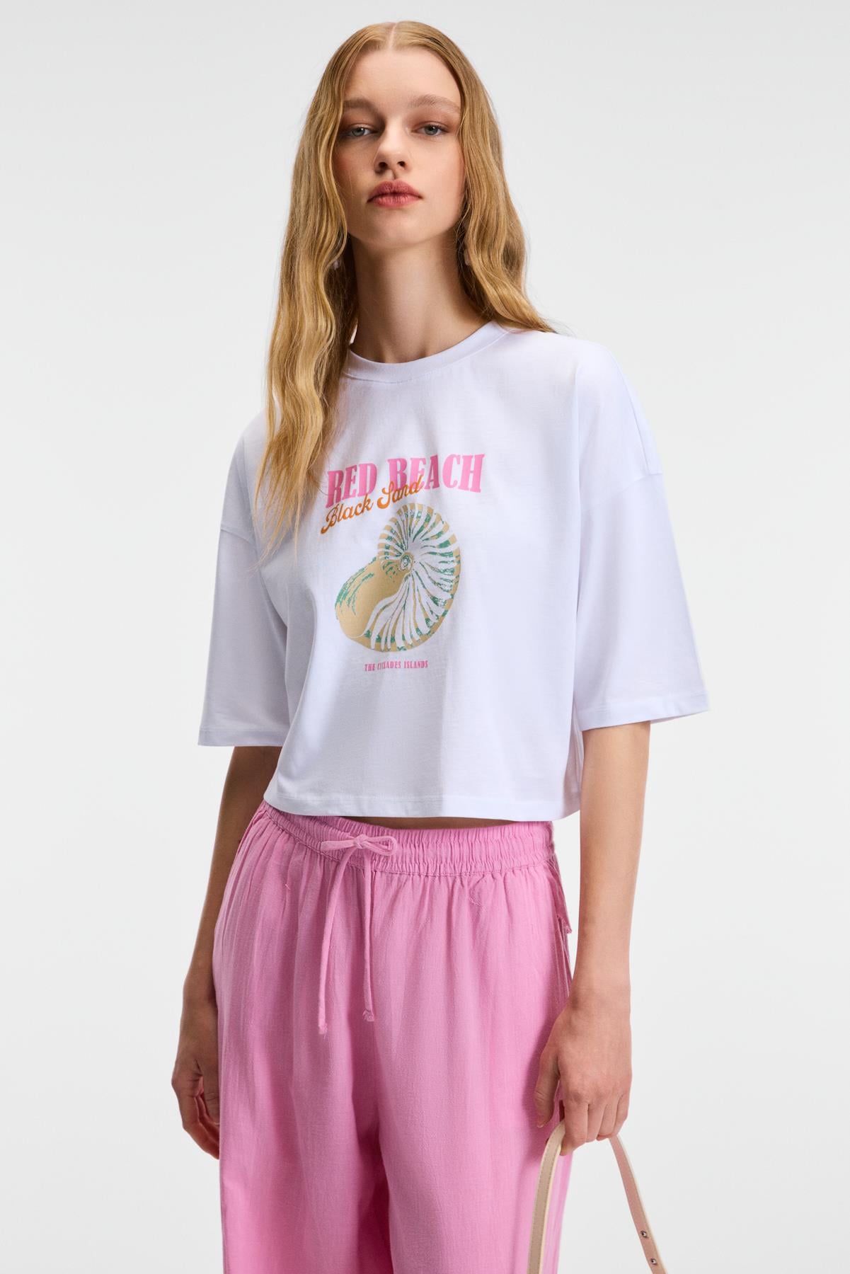 ORELZA Kadın %100 Pamuk Baskılı Yuvarlak Yaka Oversize Fit Beyaz T-Shirt