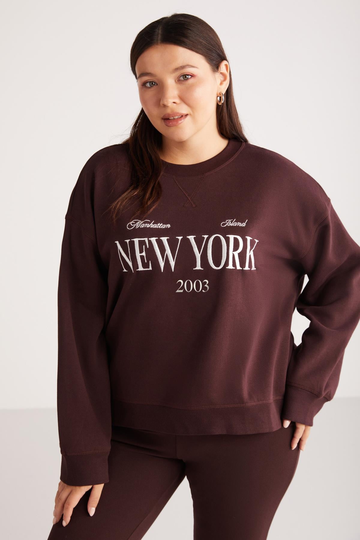 PETRABB Örme Loose Bordo Tekli Büyük Beden Sweatshirt