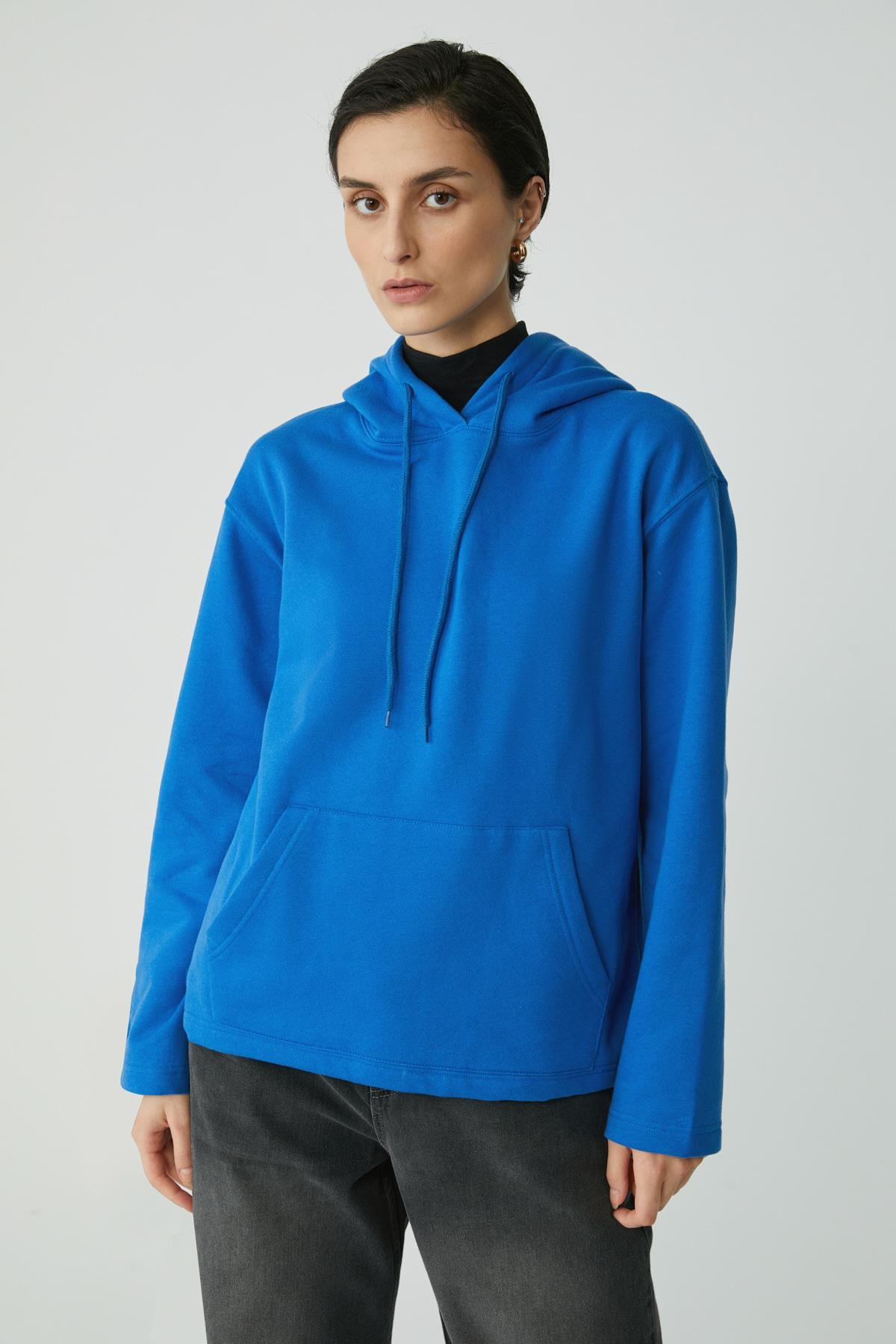 PIPER Kadın Içi Polarlı Yumuşacık Comfort Fit Kapüşonlu Kanguru Cepli Saks Mavi Sweatshirt