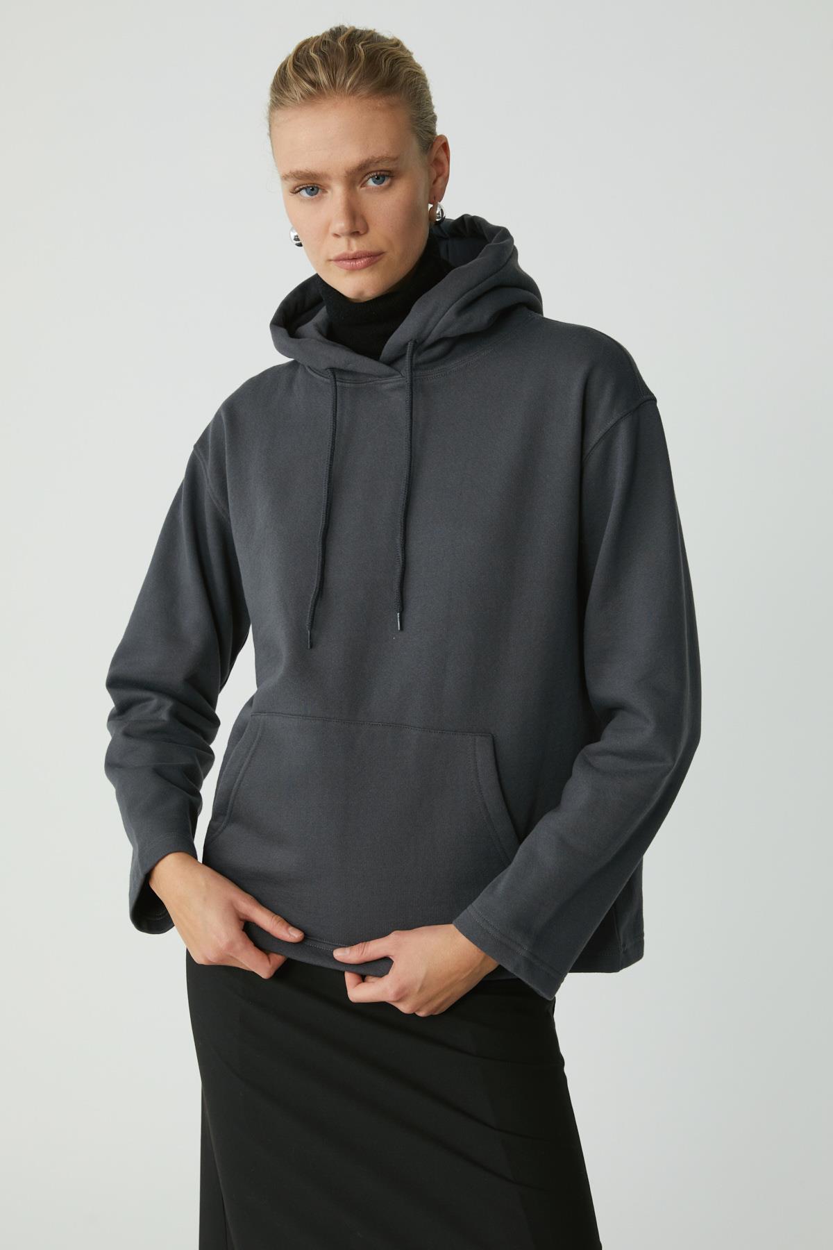 PIPER Kadın Içi Polarlı Yumuşacık Comfort Fit Kapüşonlu Kanguru Cepli Antrasit Sweatshirt
