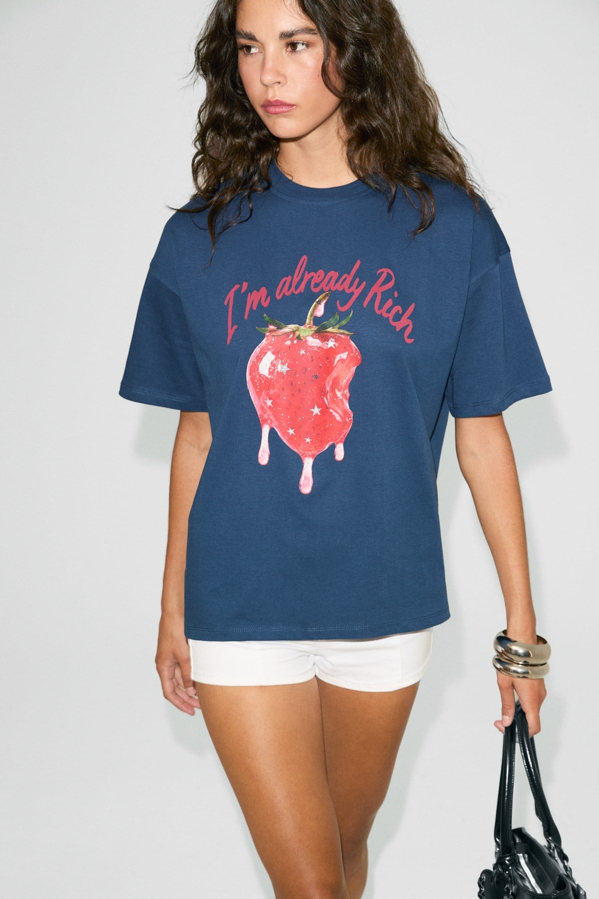PREKA Kadın %100 Pamuk Yumuşak Kumaşlı Baskı Detaylı Lacivert T-Shirt