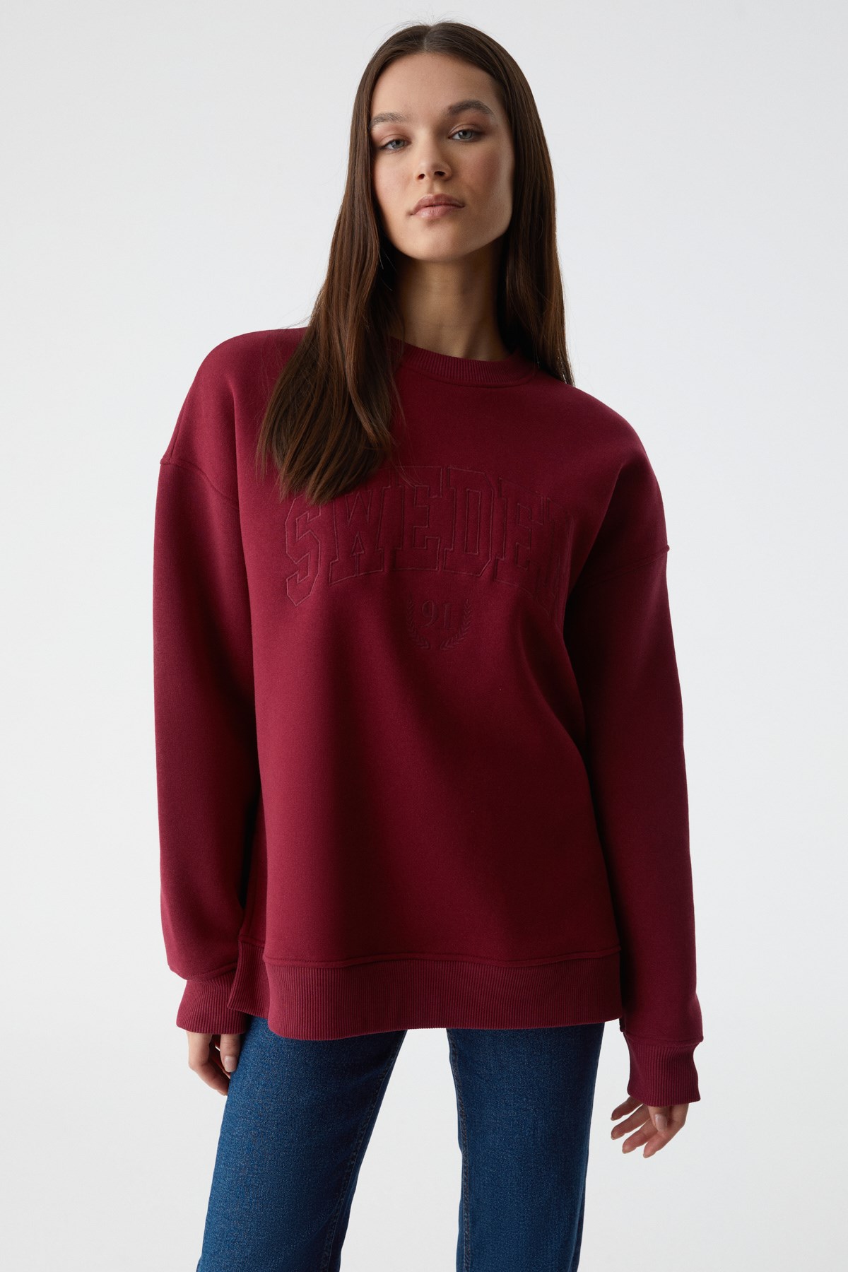 RICENNI Kadın Bisiklet Yaka Oversize Bordo Sweatshirt