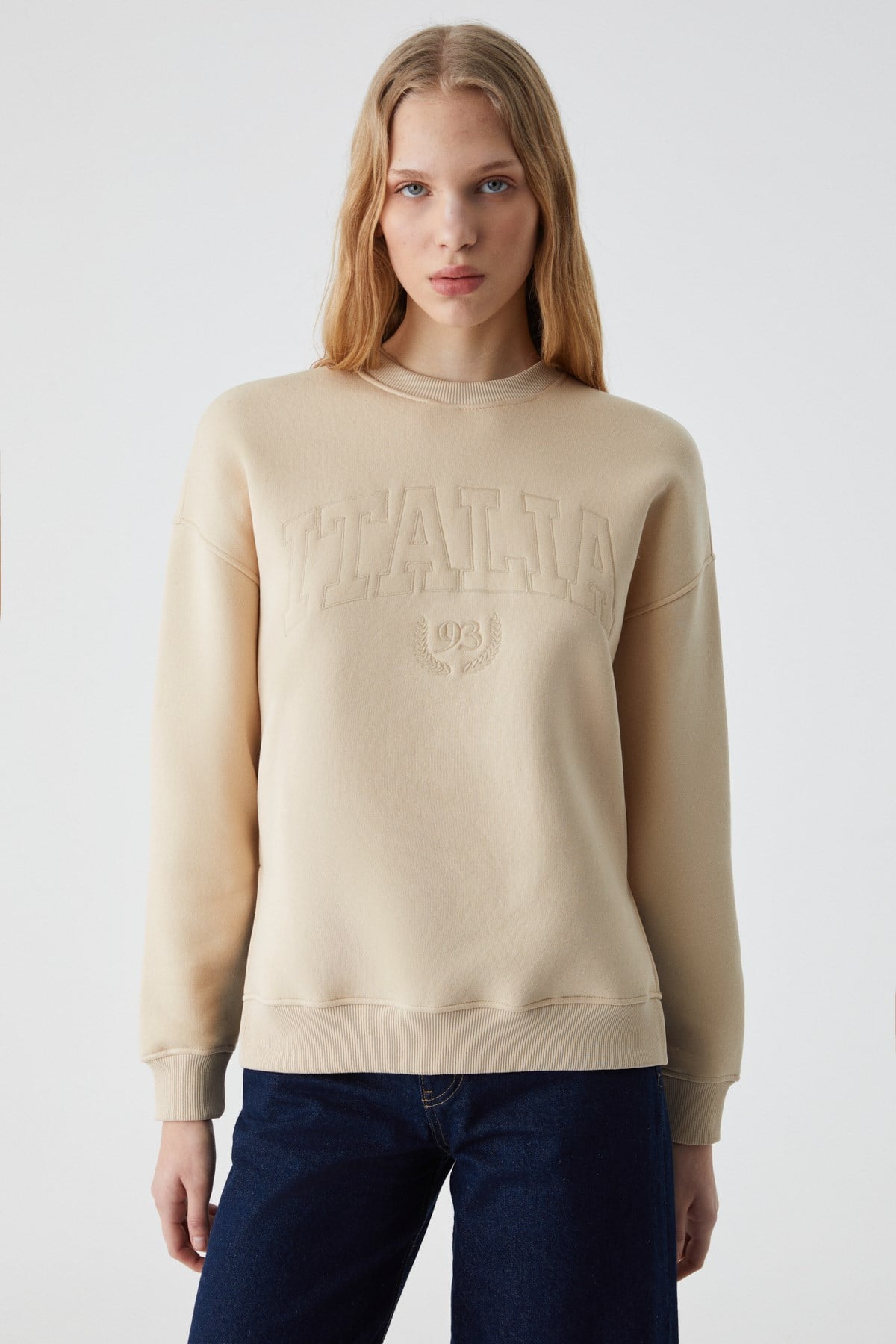 RICENNI Kadın Bisiklet Yaka Oversize Taş Rengi Sweatshirt