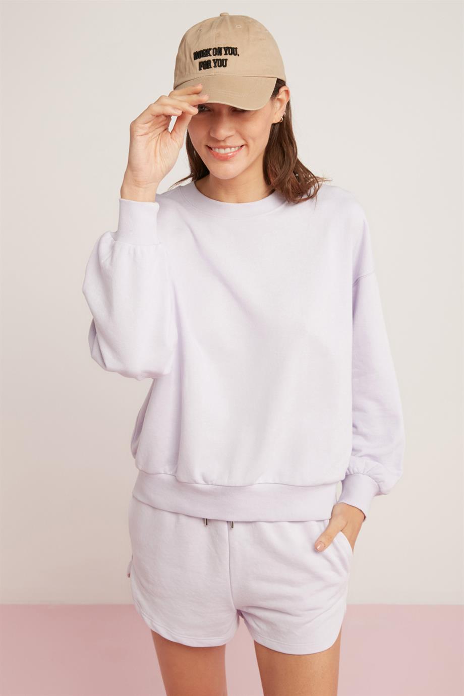 SAHRA Örme Comfort Lila Tekli Sweatshirt