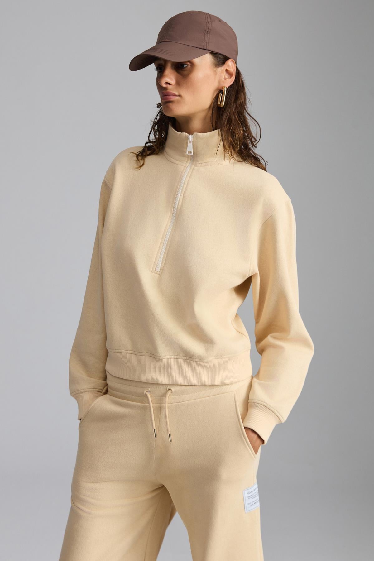SAILENIS Kadın Yumuşacık İçi Şardonlu Organik Pamuk Yarım Fermuarlı Regular Krem Sweatshirt