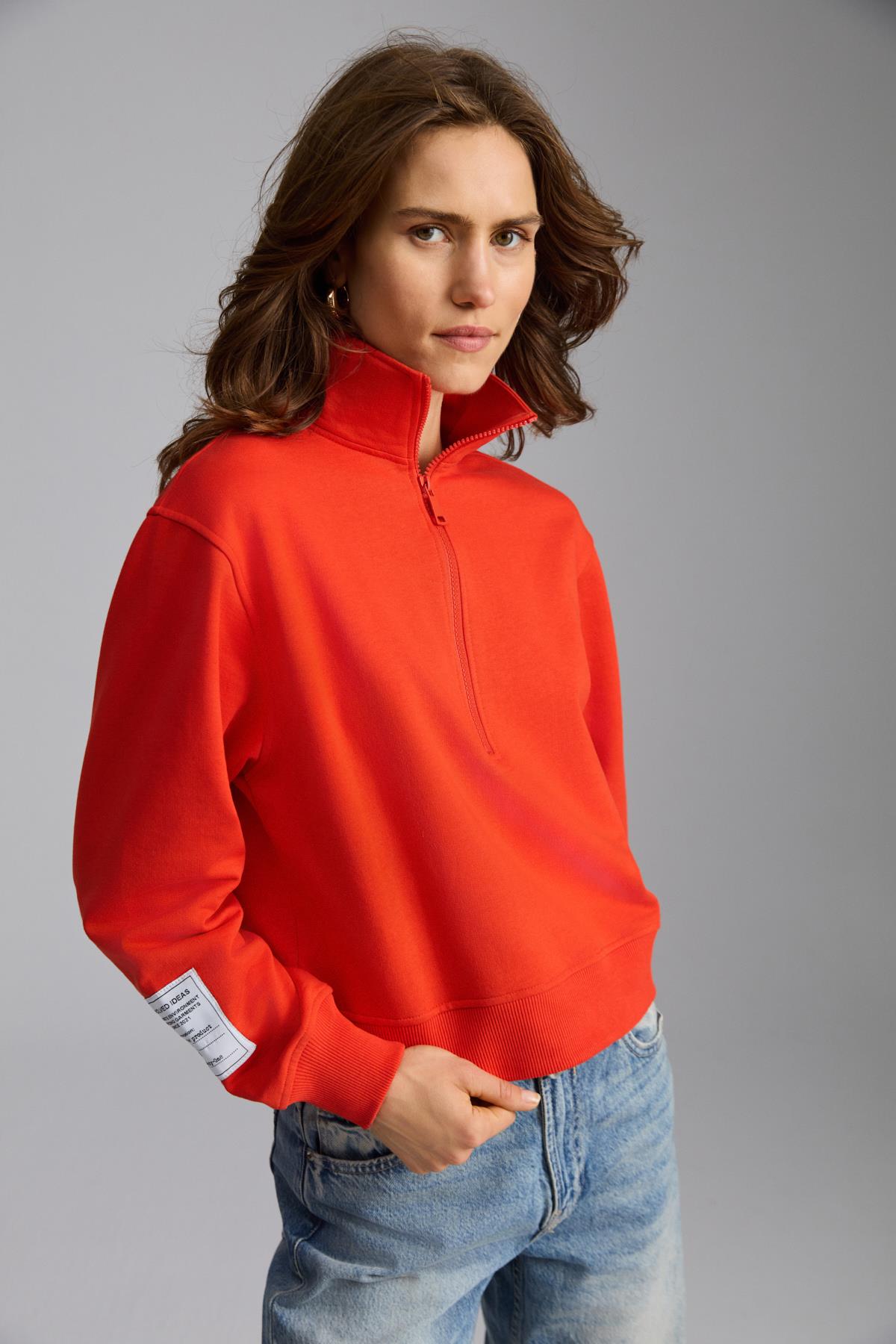 SAILENIS Kadın Yumuşacık İçi Şardonlu Organik Pamuk Yarım Fermuarlı Regular Kırmızı Sweatshirt