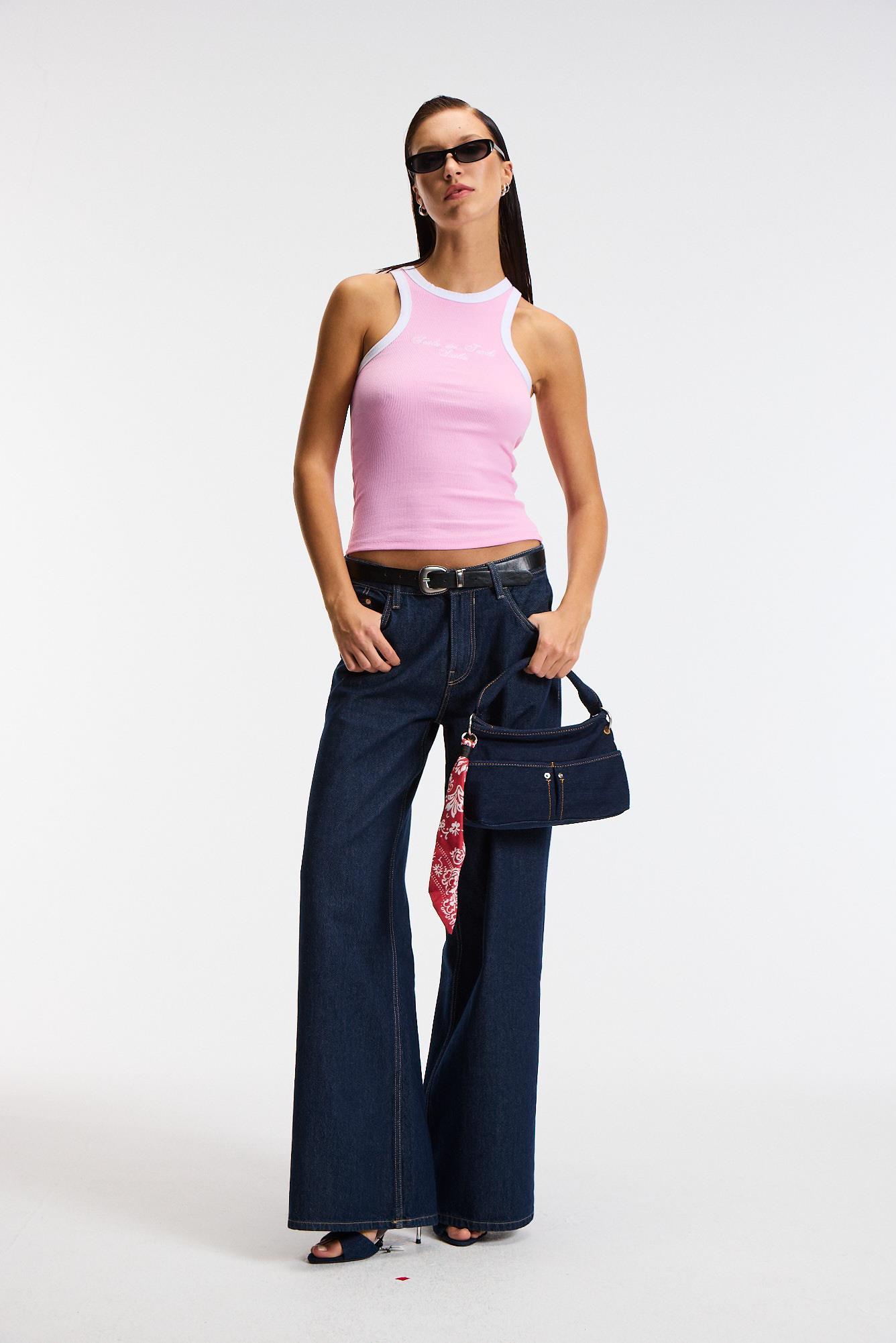 SELMIRA Kadın Baskılı Halter Yaka Slim Fit Kolsuz Pembe Atlet