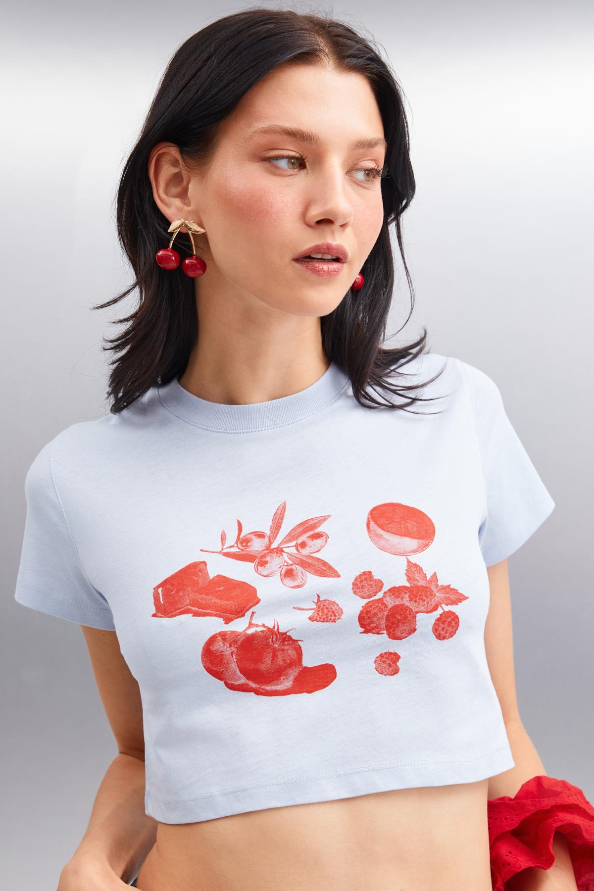 SERENE Kadın Kısa Kollu Baskılı Crop Mavi T-Shirt