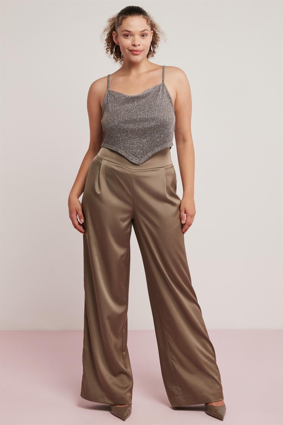 SOLEİL Dokuma Wide Leg Vizon Tekli Büyük Beden Pantolon
