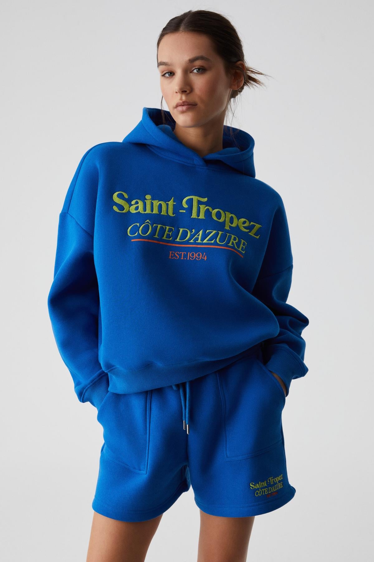 TACNA Kadın Kapüşonlu Uzun Kollu Oversize Mavi Sweatshirt