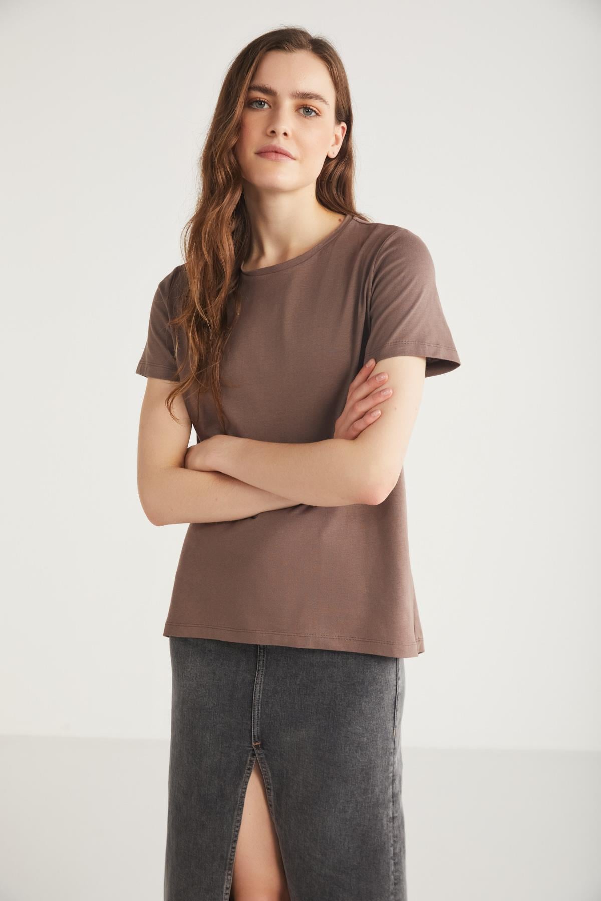 TATUM Örme Relaxed Kahverengi Tekli T-Shirt