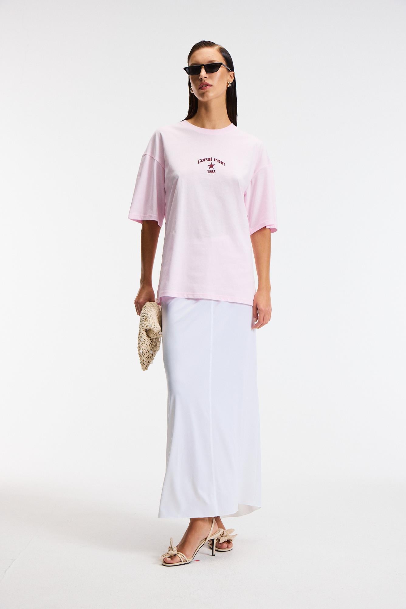 TAVENA Kadın %100 Pamuk Baskılı Oversize Fit Kısa Kollu Yuvarlak Yaka Pembe T-Shirt