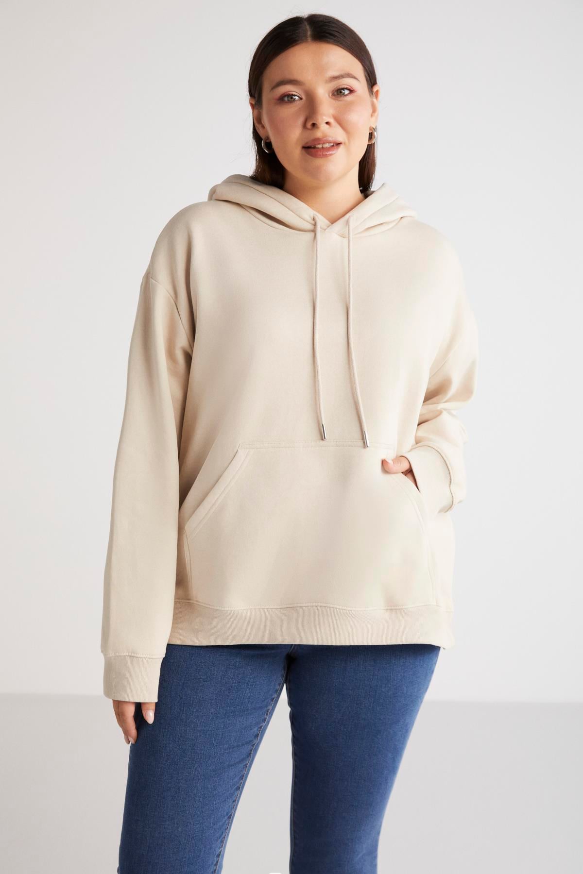 TEREZABB Örme Loose Bej Tekli Büyük Beden Sweatshirt