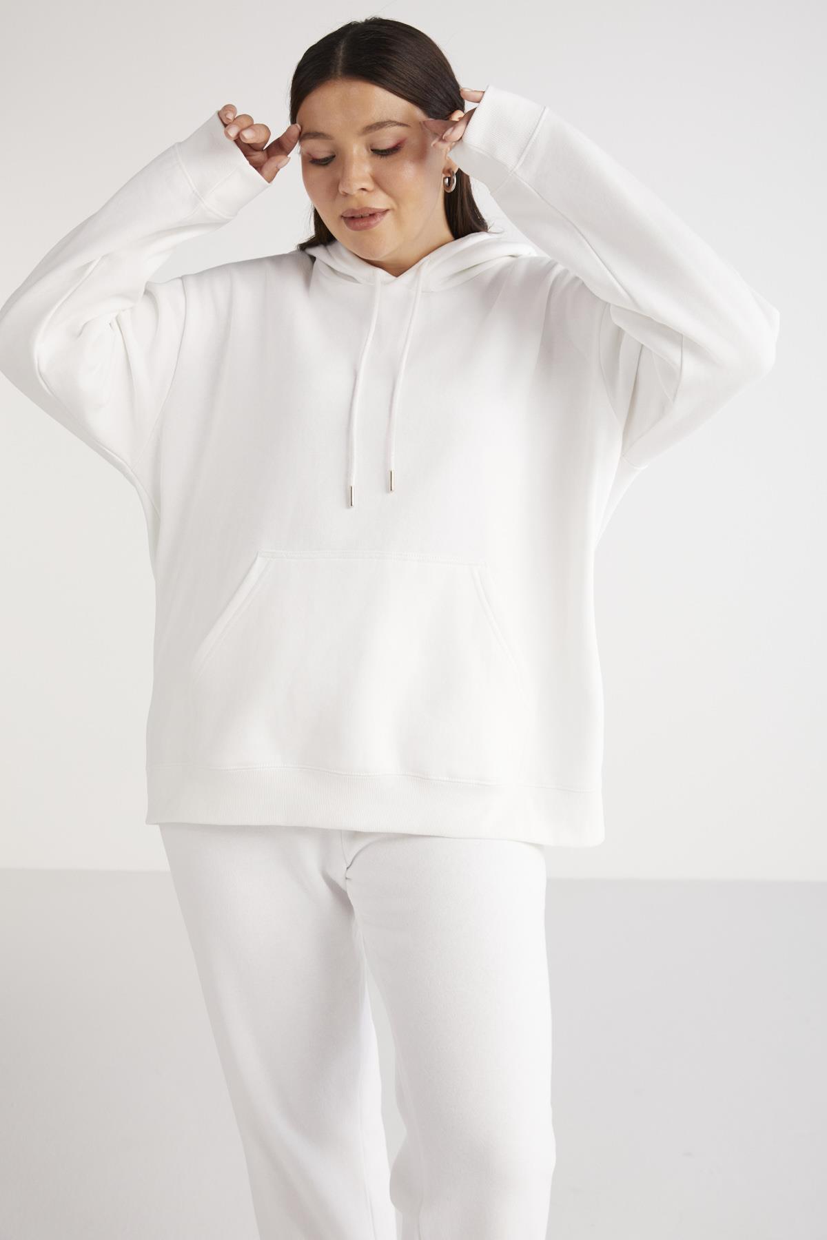 TEREZABB Örme Loose Beyaz Tekli Büyük Beden Sweatshirt