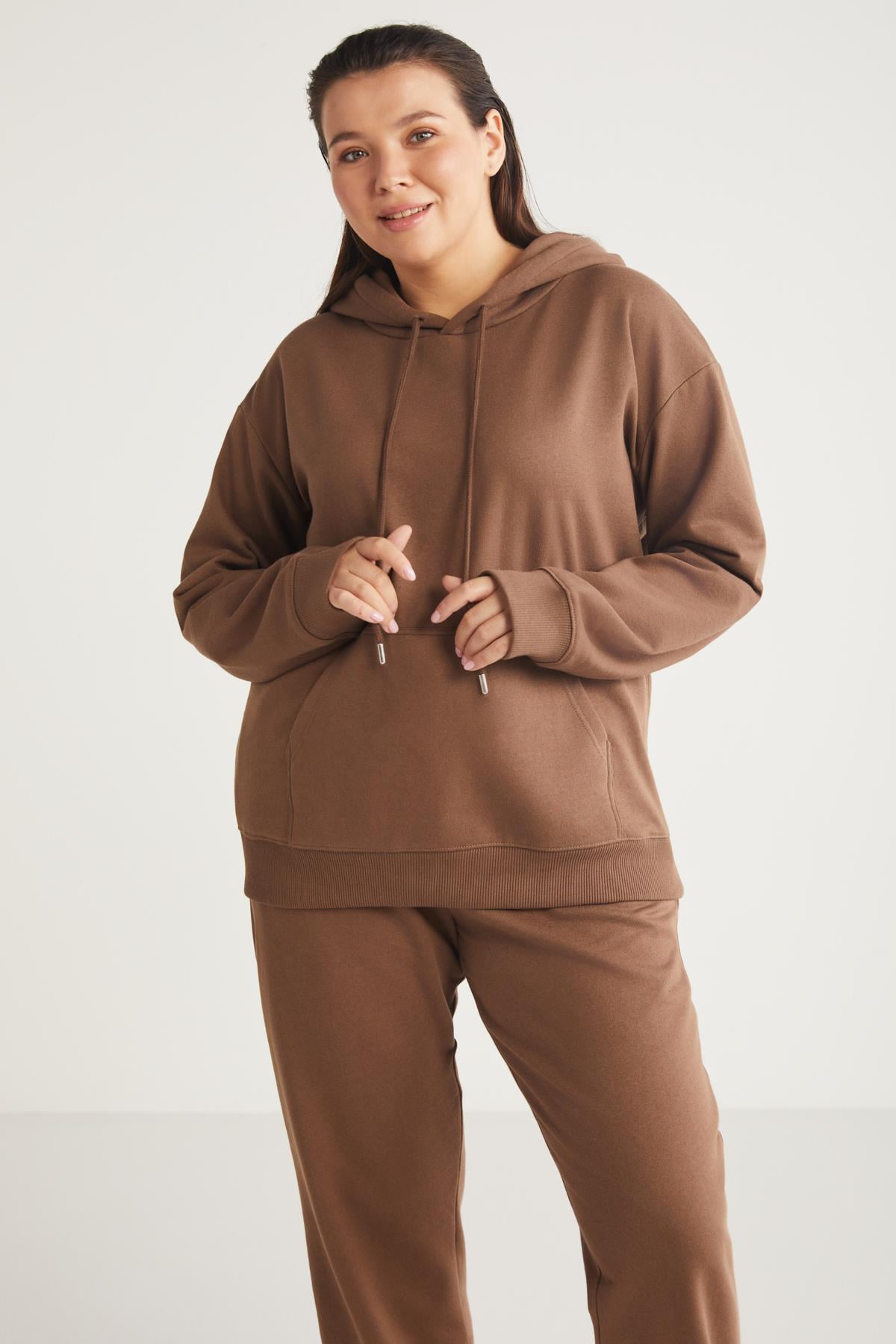 TEREZABB Örme Loose Kahverengi Tekli Büyük Beden Sweatshirt