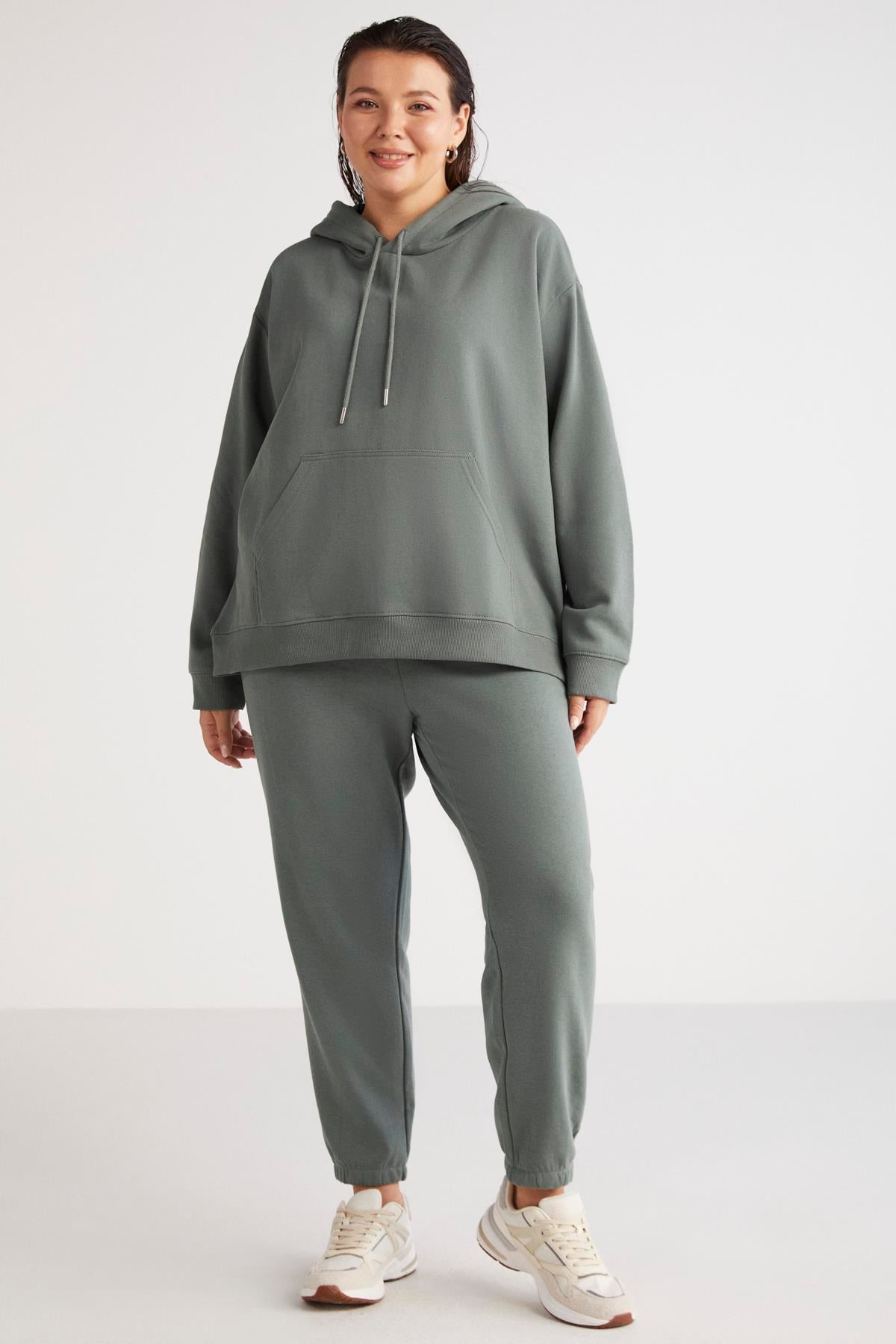 TEREZABB Örme Loose Yeşil Tekli Büyük Beden Sweatshirt