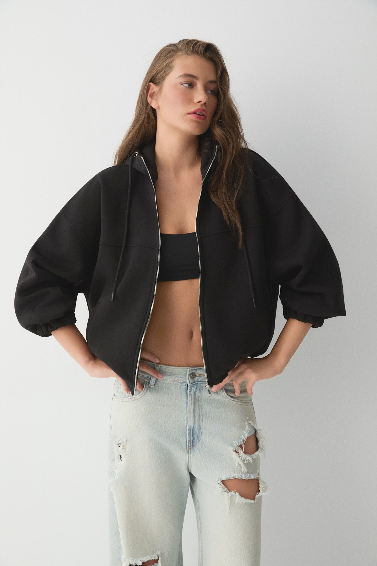 VALIT Kadın Çift Cepli Eteği Ve Kol Ucu Lastikli Fermuarlı Oversize Siyah Sweatshirt