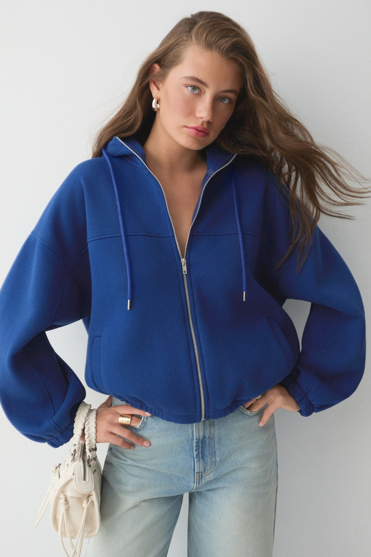 VALIT Kadın Çift Cepli Eteği Ve Kol Ucu Lastikli Fermuarlı Oversize Saks Mavi Sweatshirt
