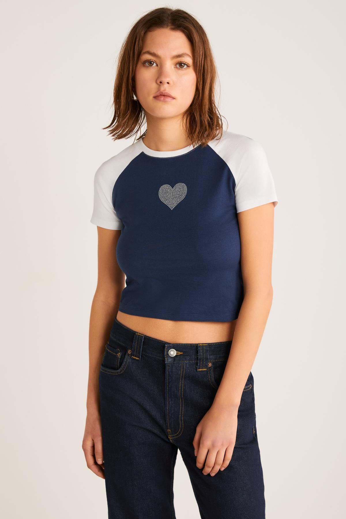 VANE Kadın %100 Pamuk Kısa Kollu Baskılı Crop Navy-Beyaz T-Shirt