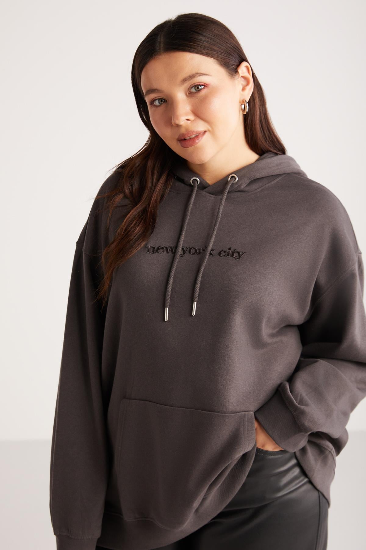 VERONICABB Örme Loose Antrasit Tekli Büyük Beden Sweatshirt