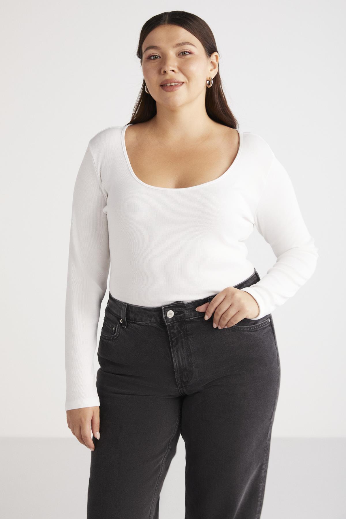 VERSAYBB Örme Bele Oturan Beyaz Tekli Büyük Beden Body