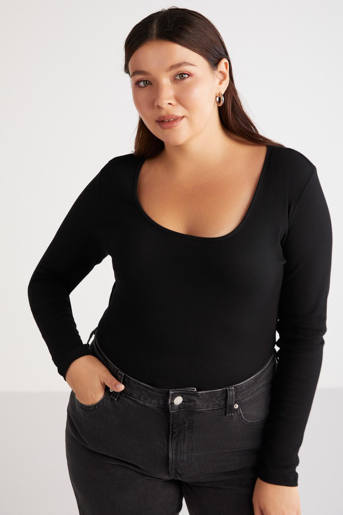 VERSAYBB Örme Bele Oturan Siyah Tekli Büyük Beden Body