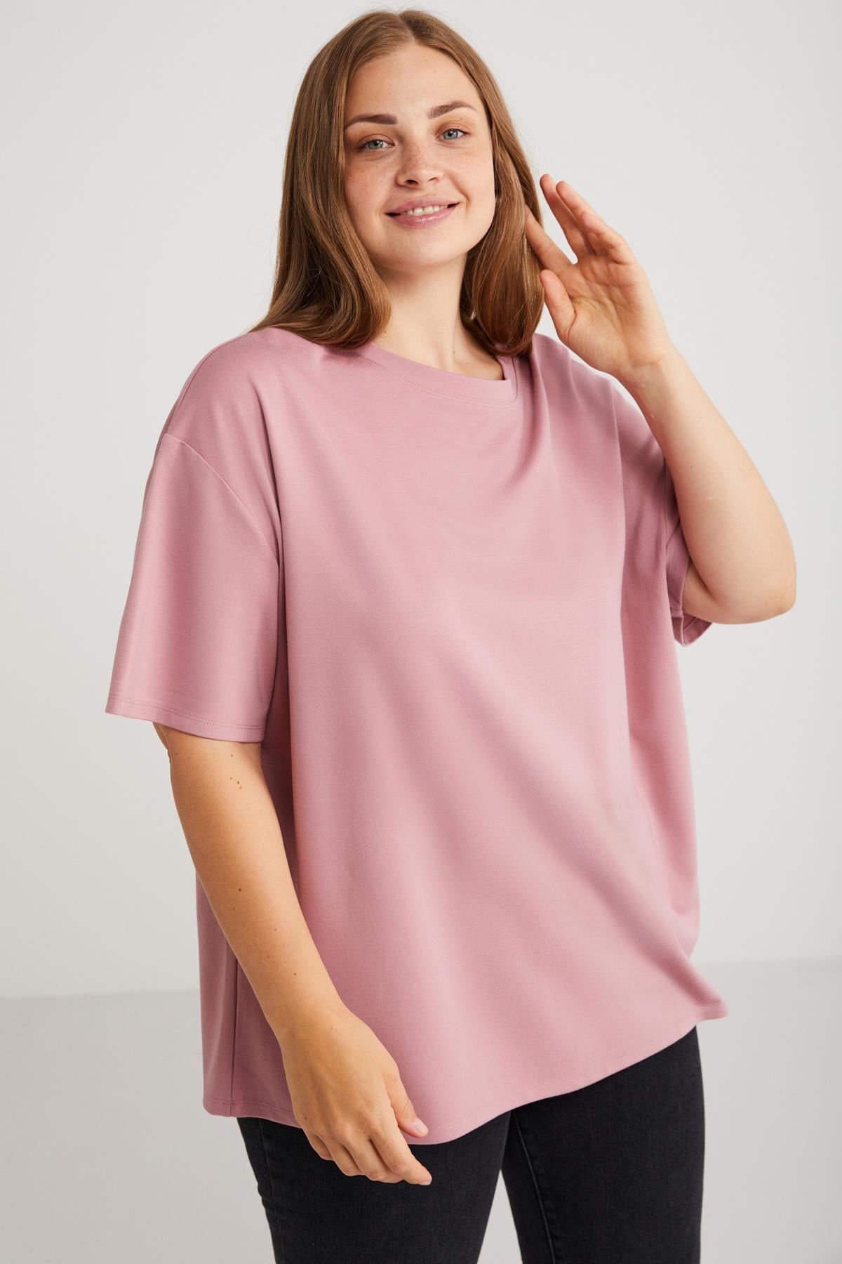 VIVIAN Kadın %100 Organik Pamuklu Oversize Fit Bisiklet Yaka Basic Pembe Büyük Beden T-shirt