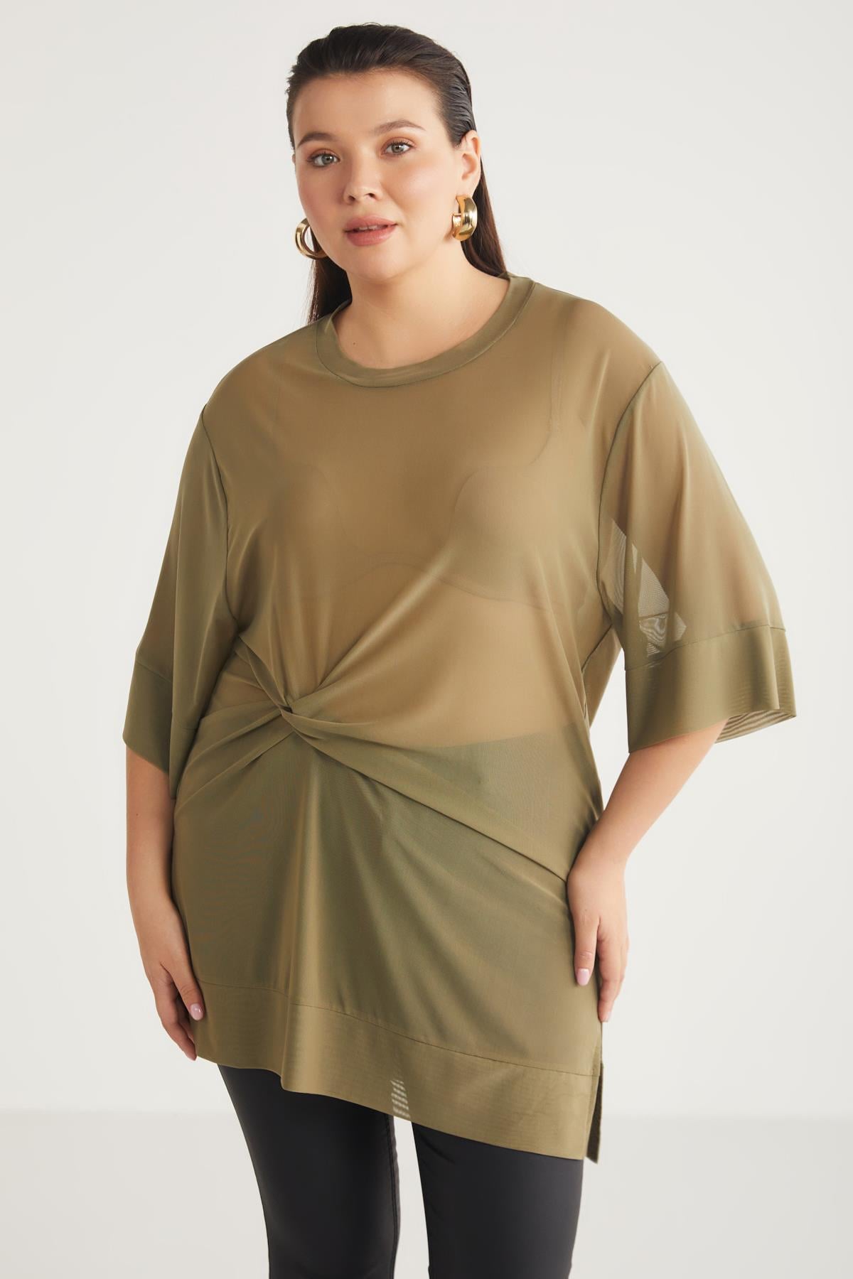 YUKINBB Kadın Drape Detaylı Mesh Kumaşlı Yuvarlak Yaka Haki Büyük Beden Tunik
