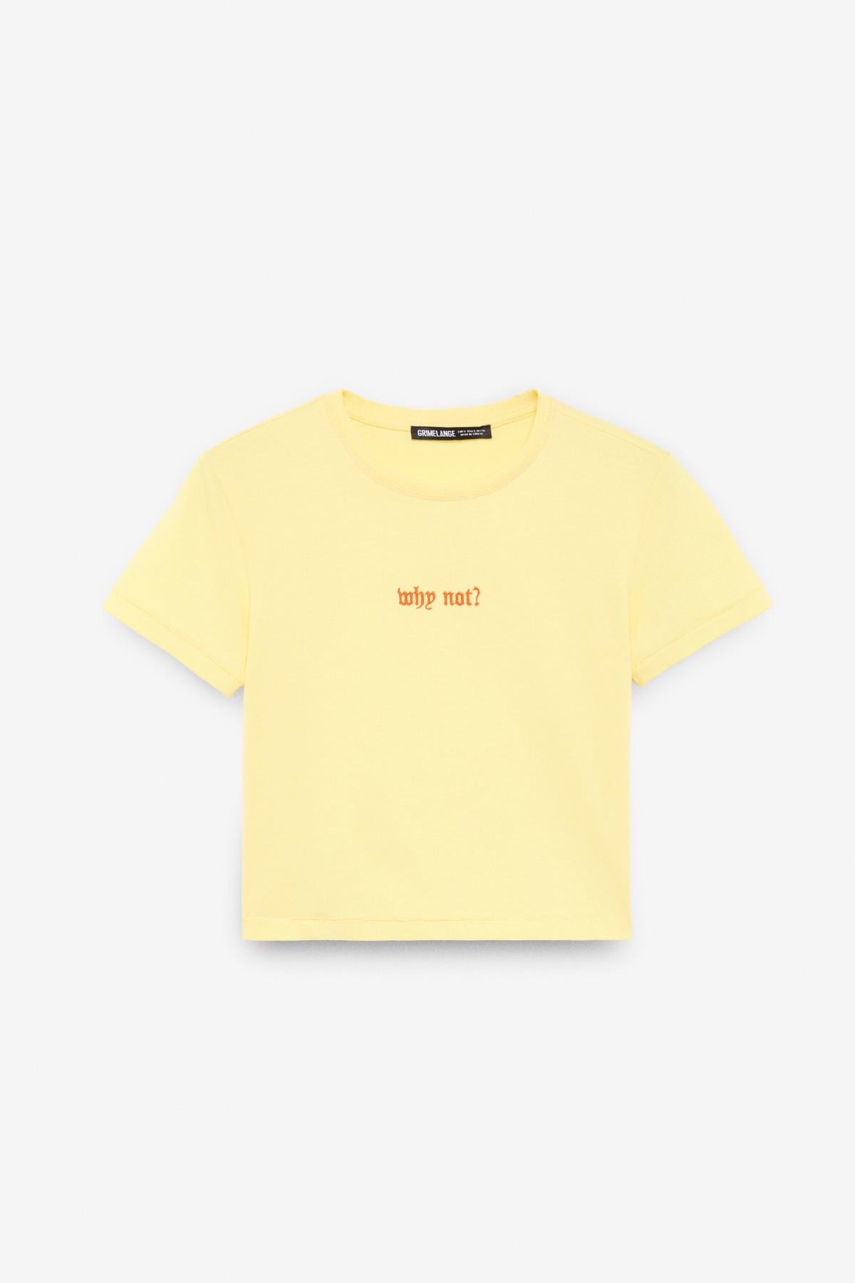 ZERAYA Kadın Bisiklet Yaka Kısa Kollu Önde Nakış Detaylı Crop Sarı T-Shirt
