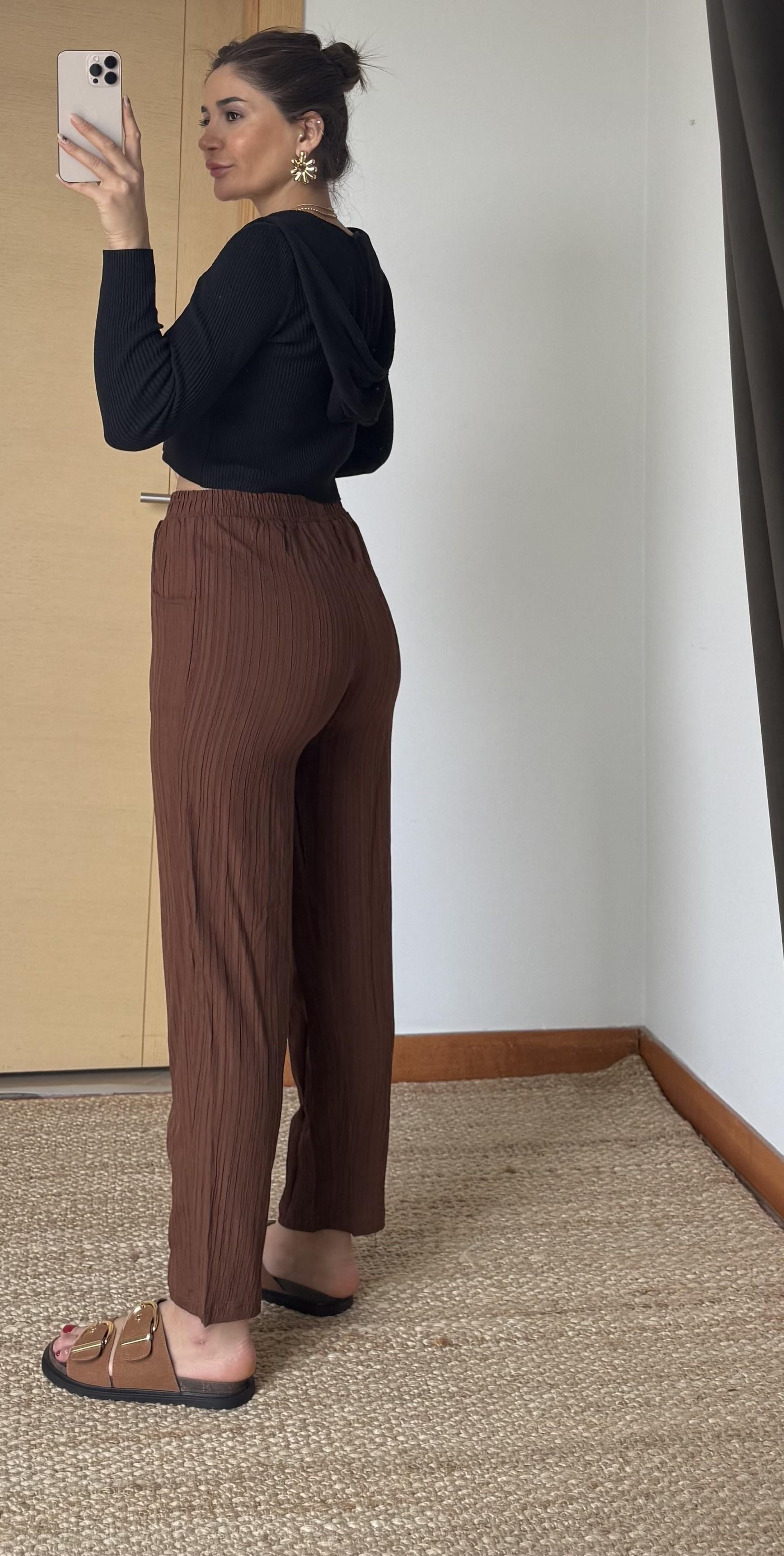  Beli Lastikli Dokulu Kadın Pantolon-Kahve