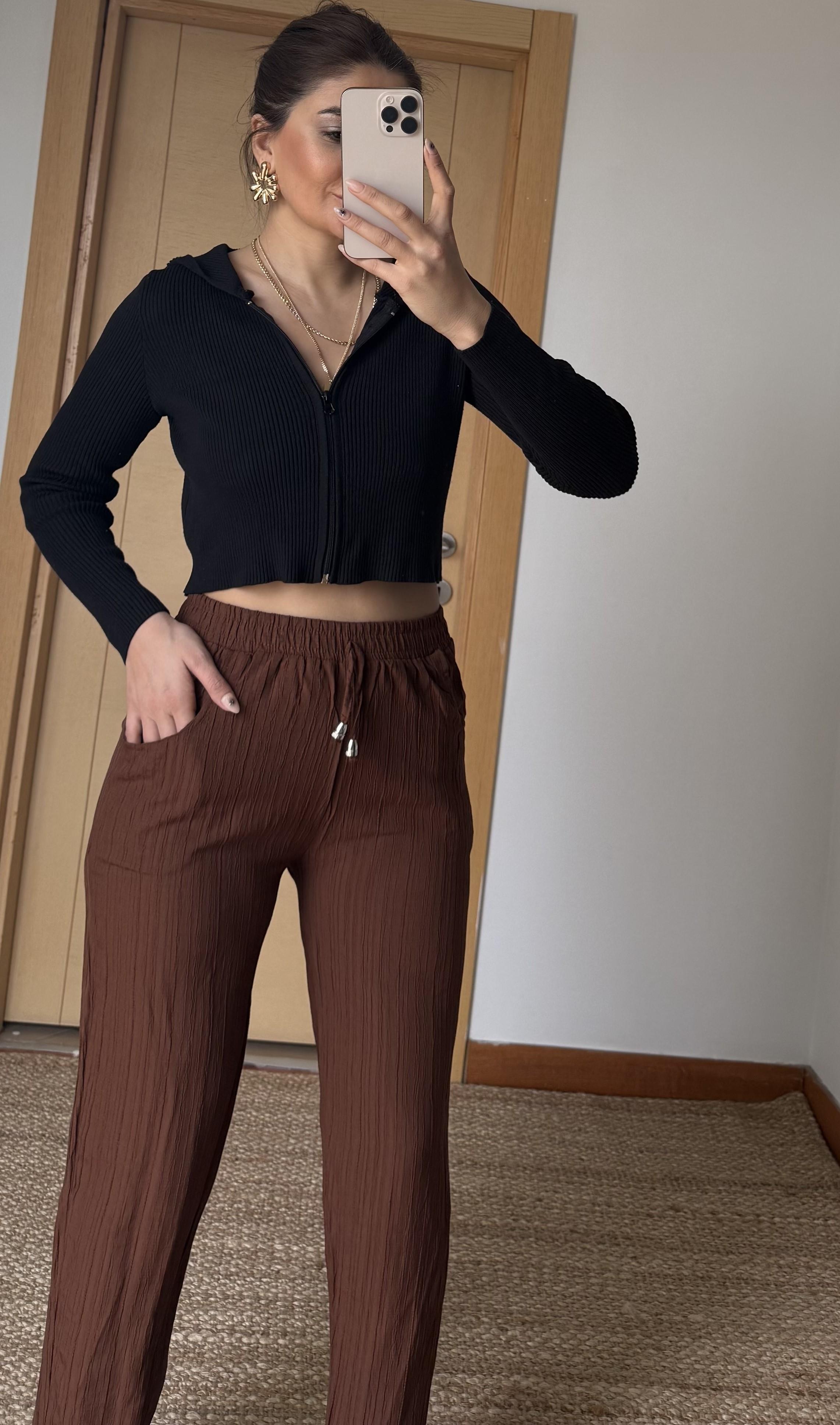  Beli Lastikli Dokulu Kadın Pantolon-Kahve