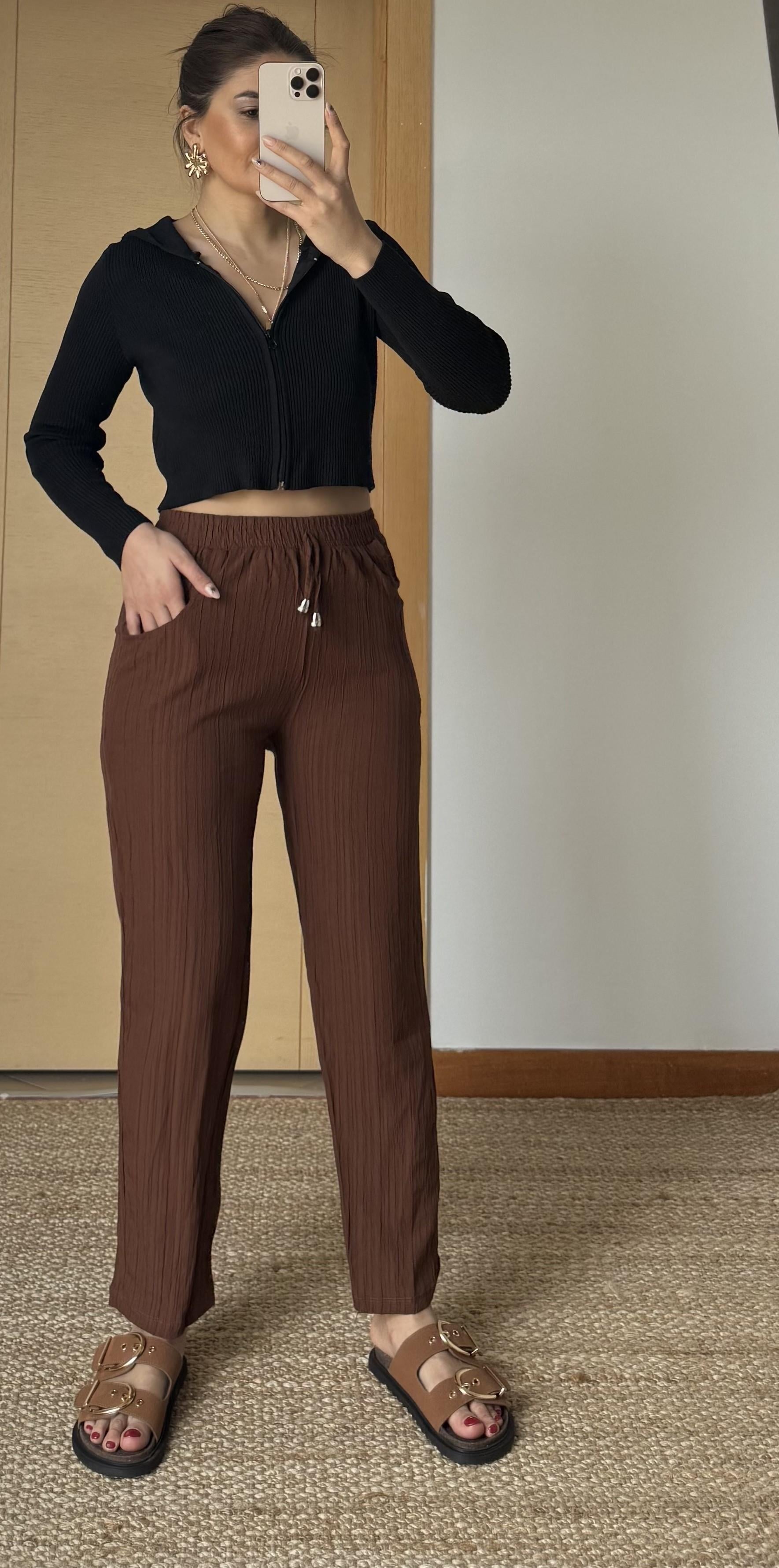  Beli Lastikli Dokulu Kadın Pantolon-Kahve