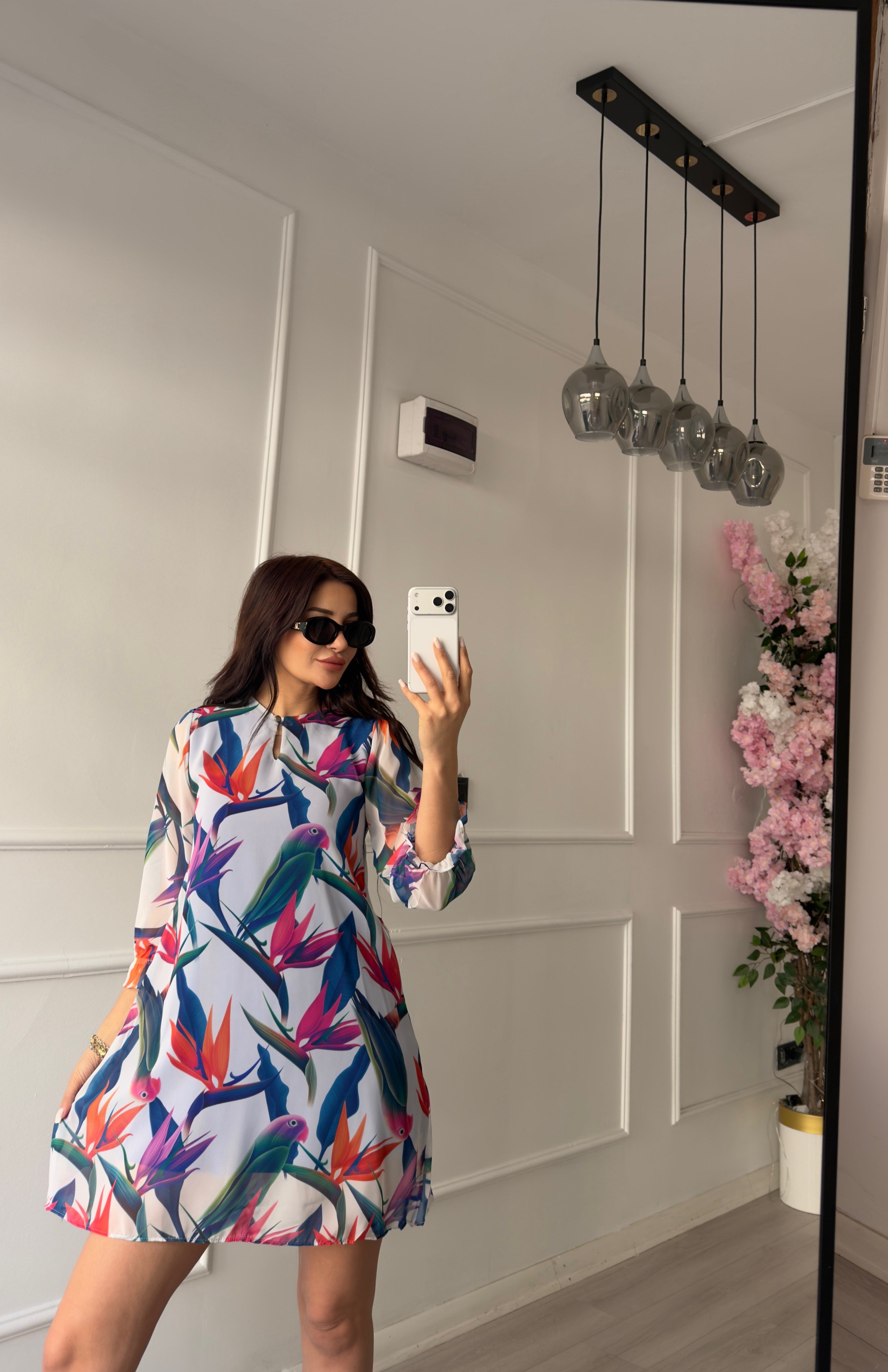  Çiçek Desenli Şifon Elbise-Mavi Desenli