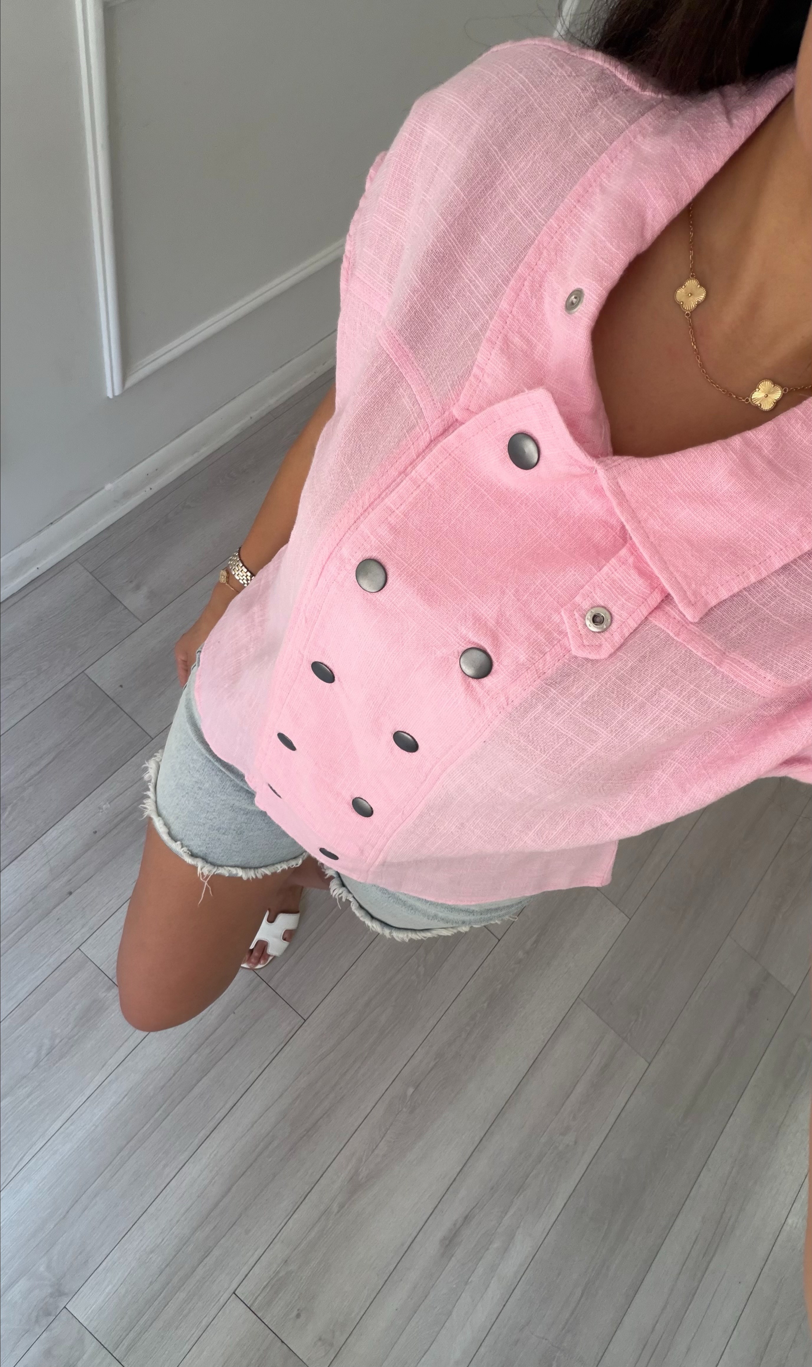    Pembe Çift Çıtçıtlı Dik Yaka Keten Gömlek