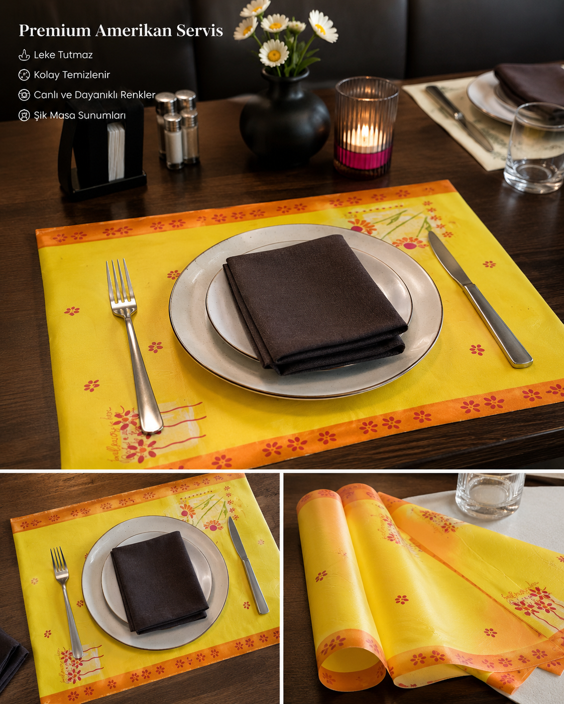 12'li Amerikan Servis Yıkanabilir Kumaş Sofra Servis 30*40 Cm FLORİSTA  TEMALI