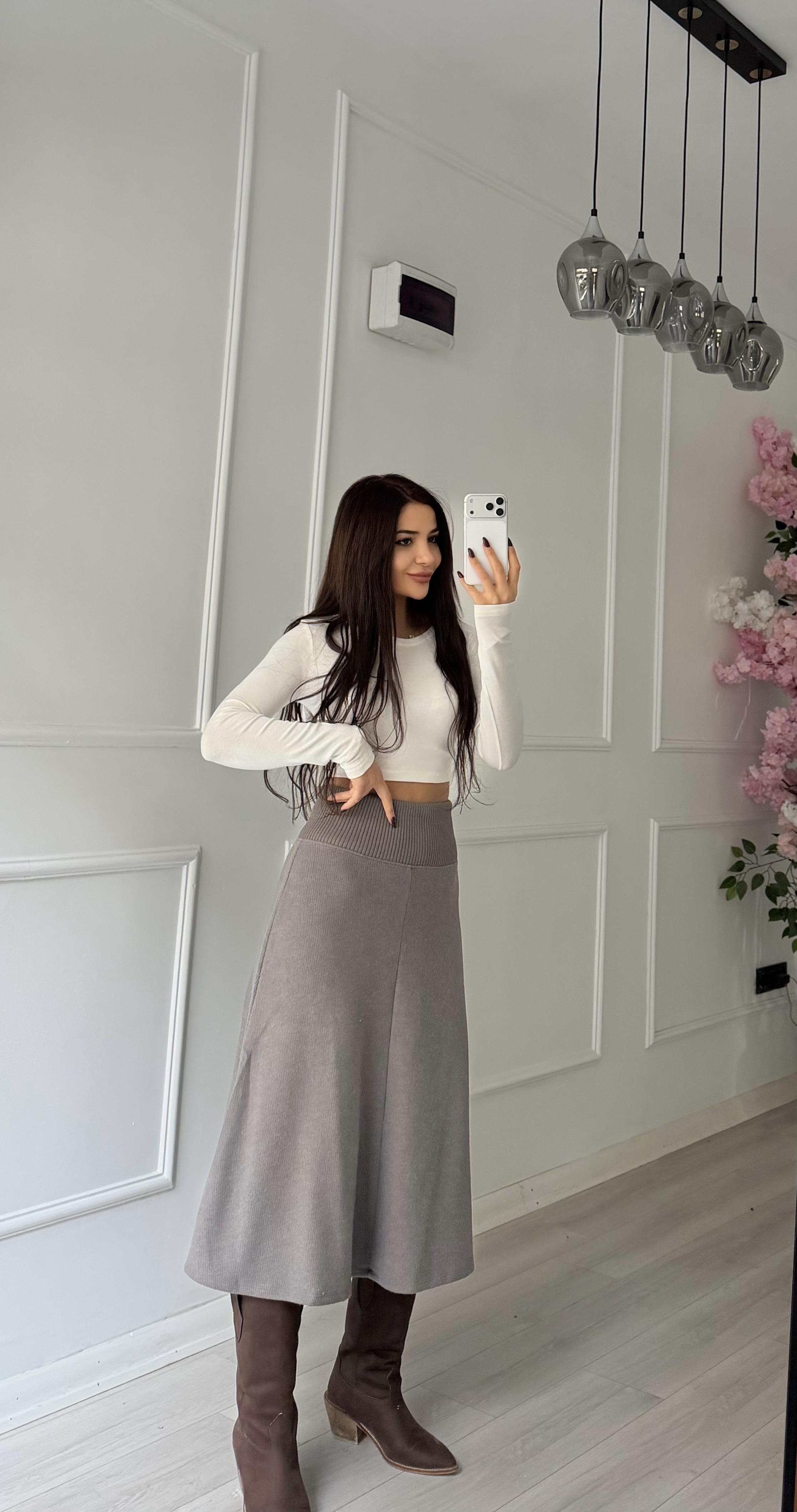Kahve A Kesim Ribana Detaylı Triko Etek