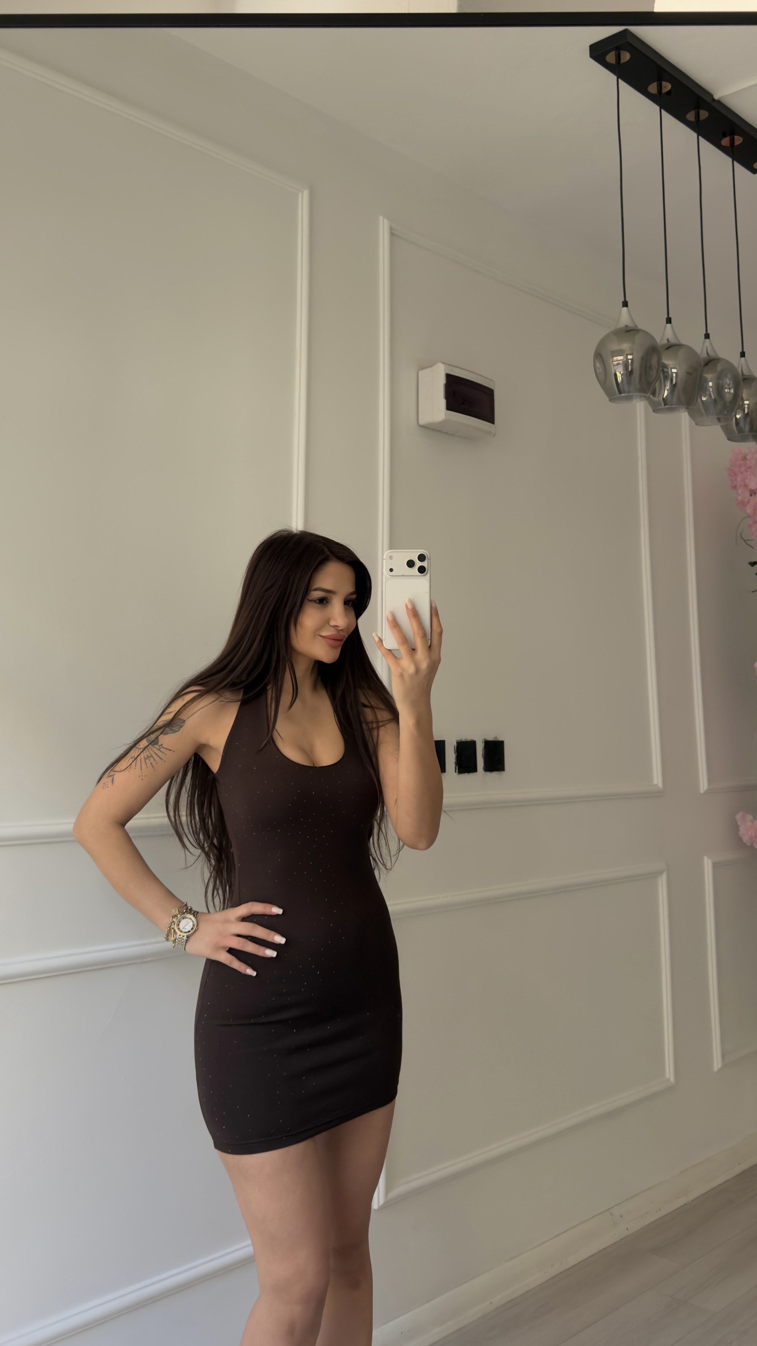 Acı Kahve Parıltılı Halter Yaka Mini Elbise