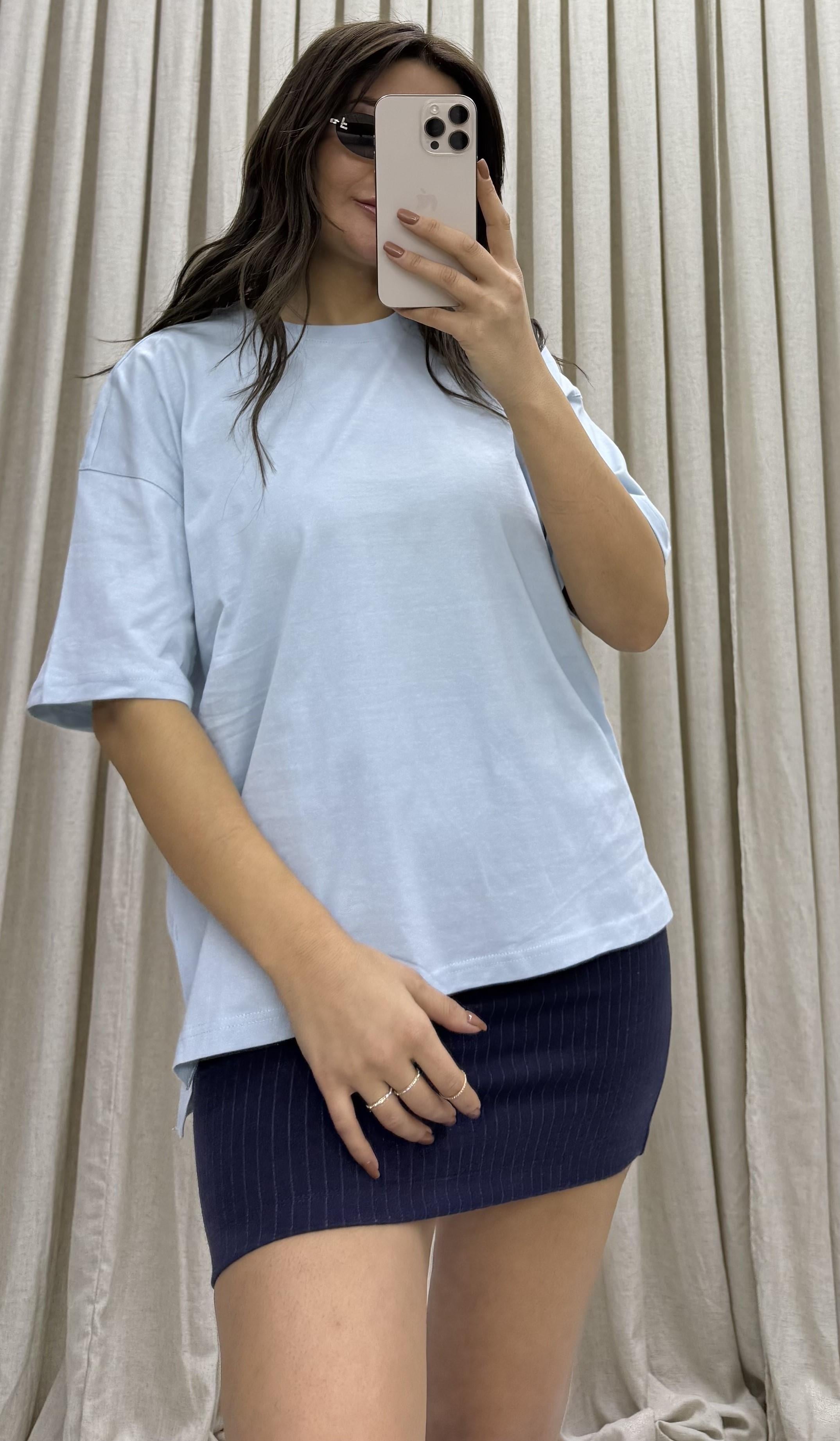 Açık Mavi Basic Bisiklet Yaka Oversize Pamuklu T-shirt