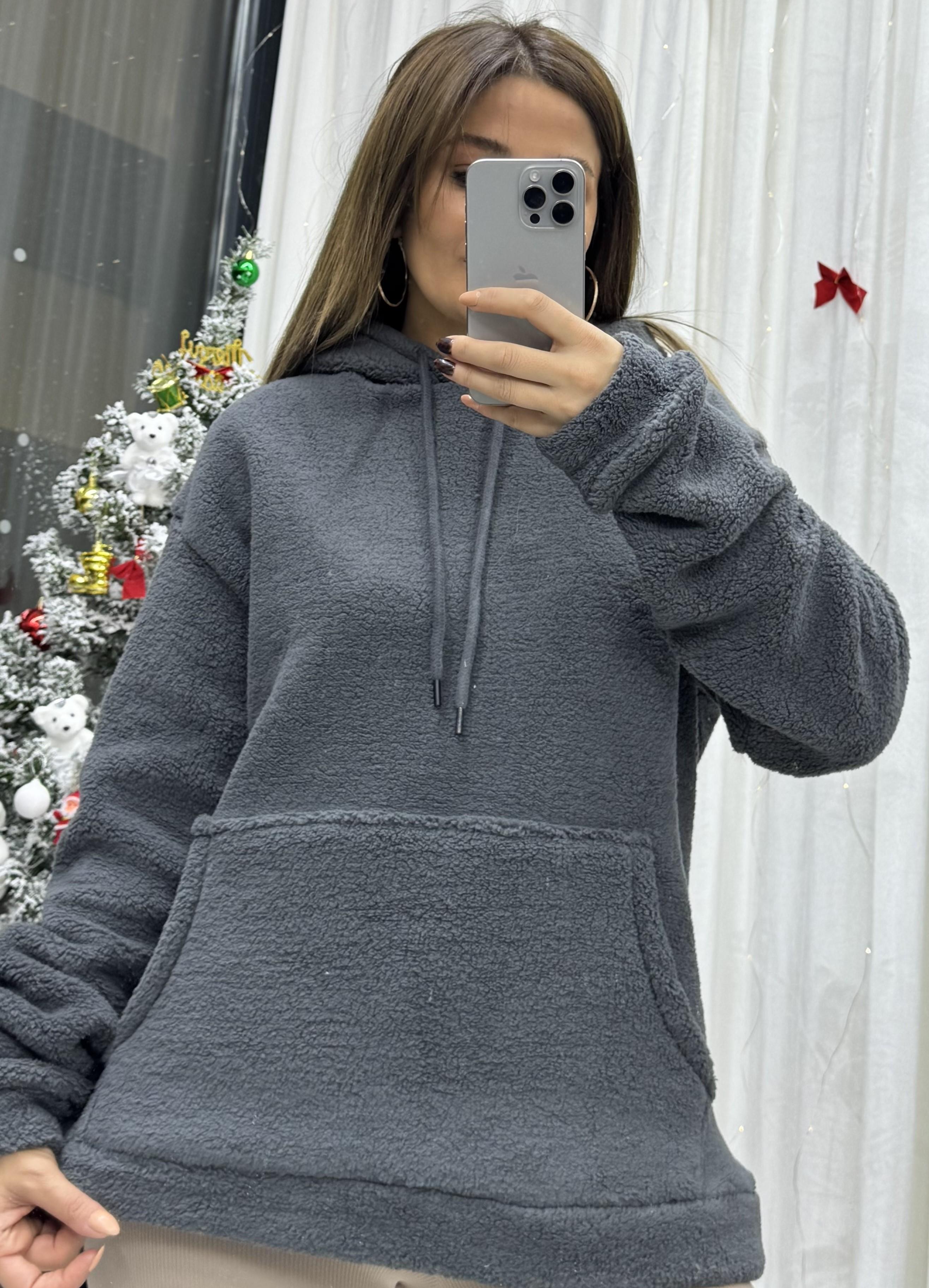 Kapüşonlu Cepli Yumoş Sweat-Antrasit 
