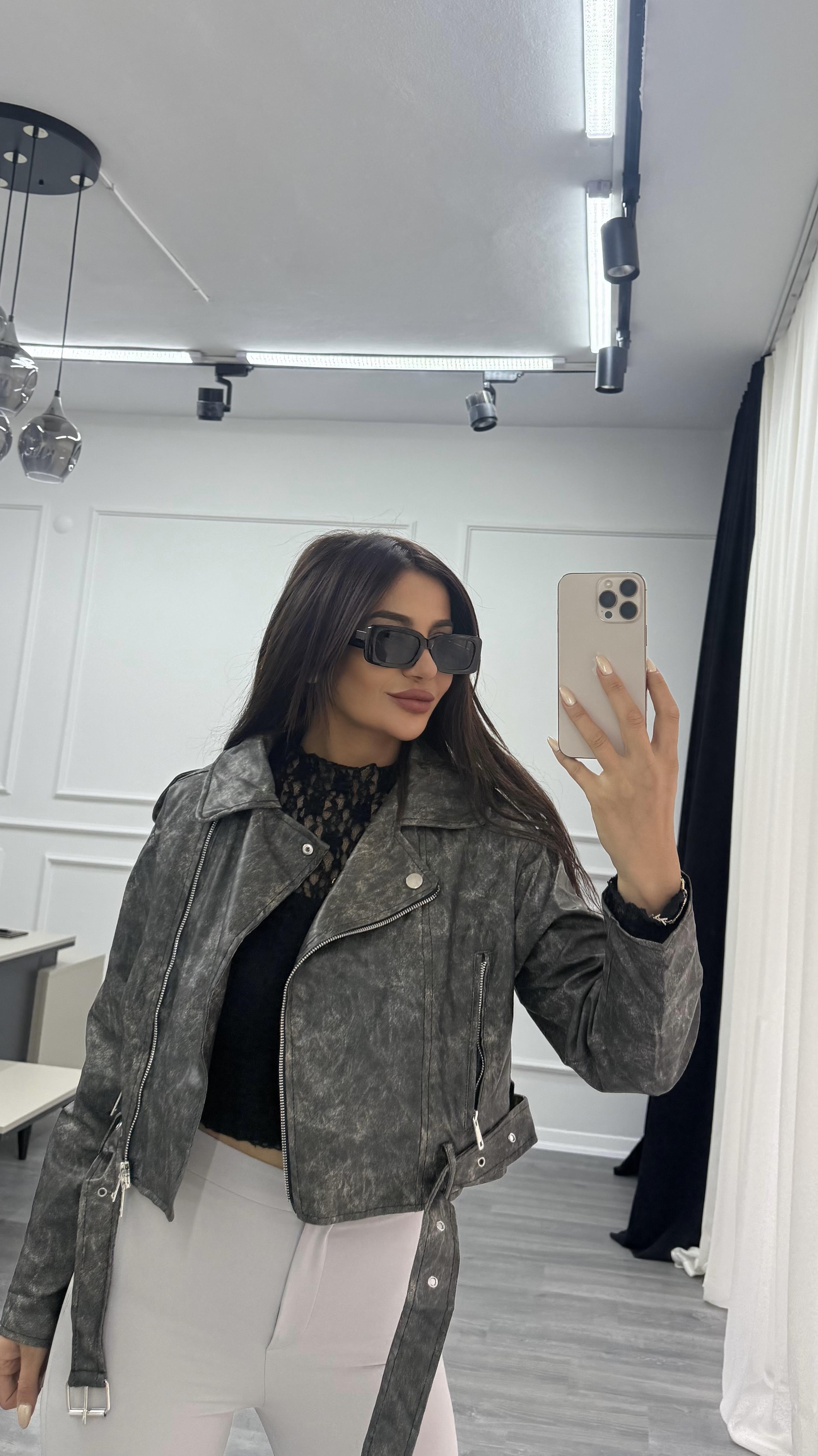 Antrasit Kemerli Astarlı Eskitme Deri Biker Kısa Ceket