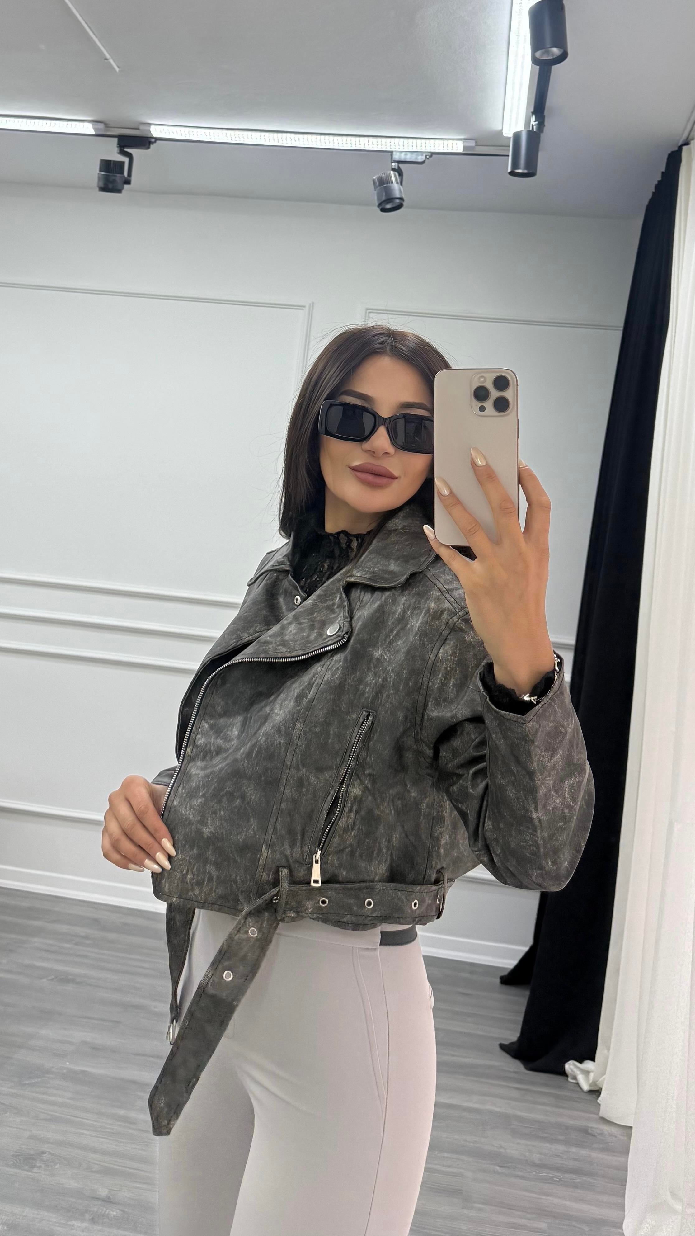 Antrasit Kemerli Astarlı Eskitme Deri Biker Kısa Ceket