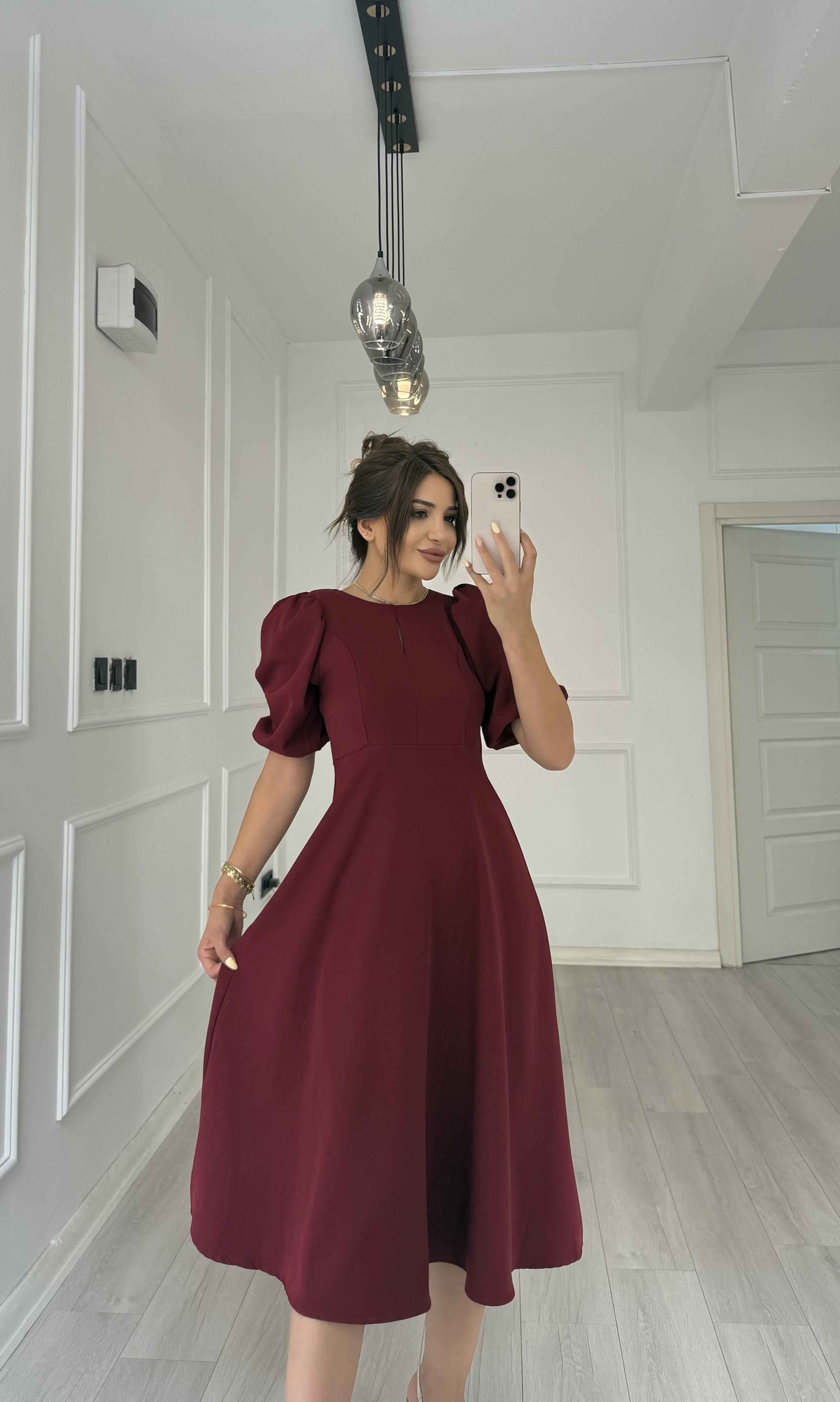 Balon Kol  Volanlı Atlas Kumaş Elbise-Bordo