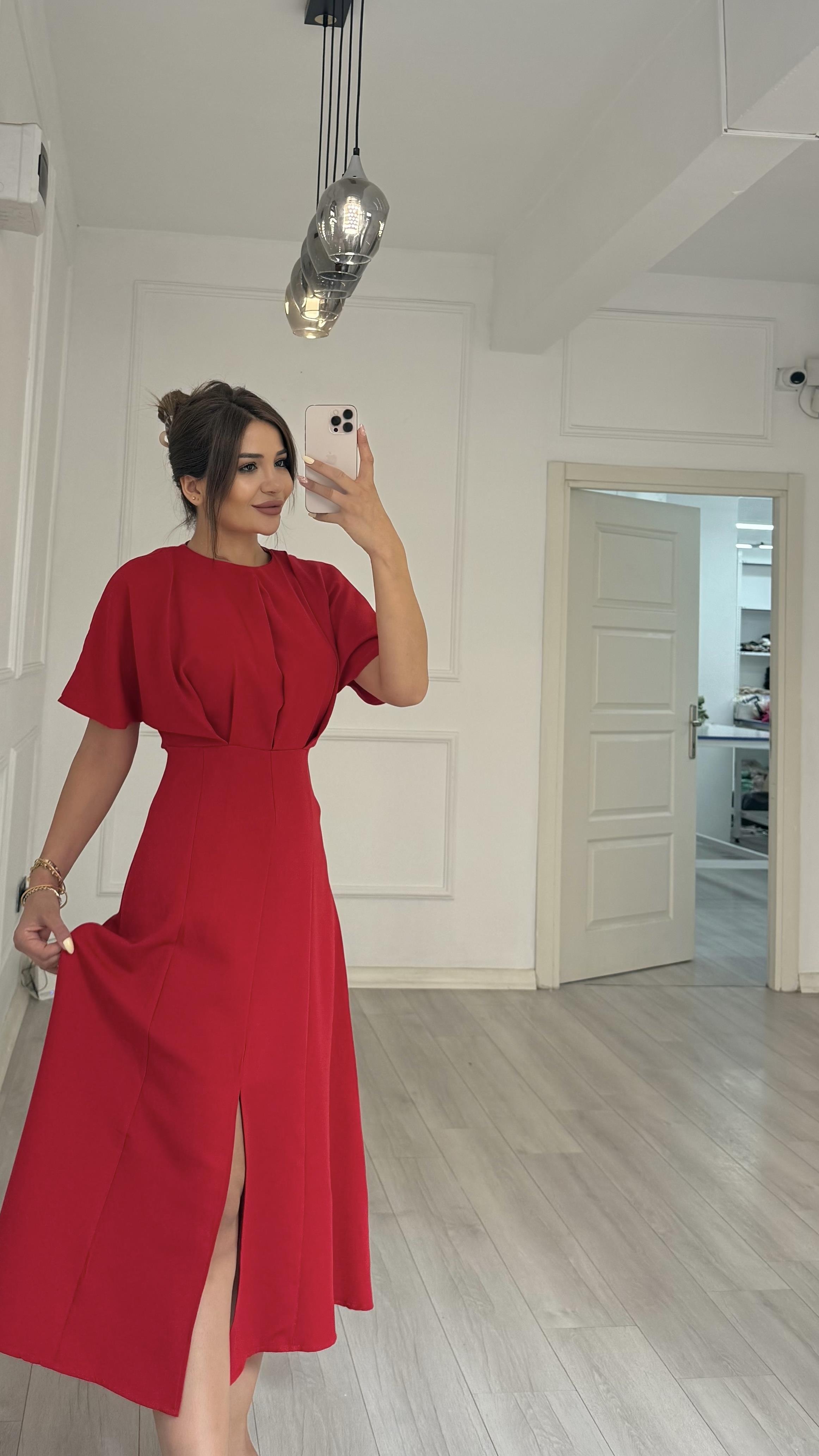 Balon Kol  Volanlı Atlas Kumaş Elbise-Kırmızı