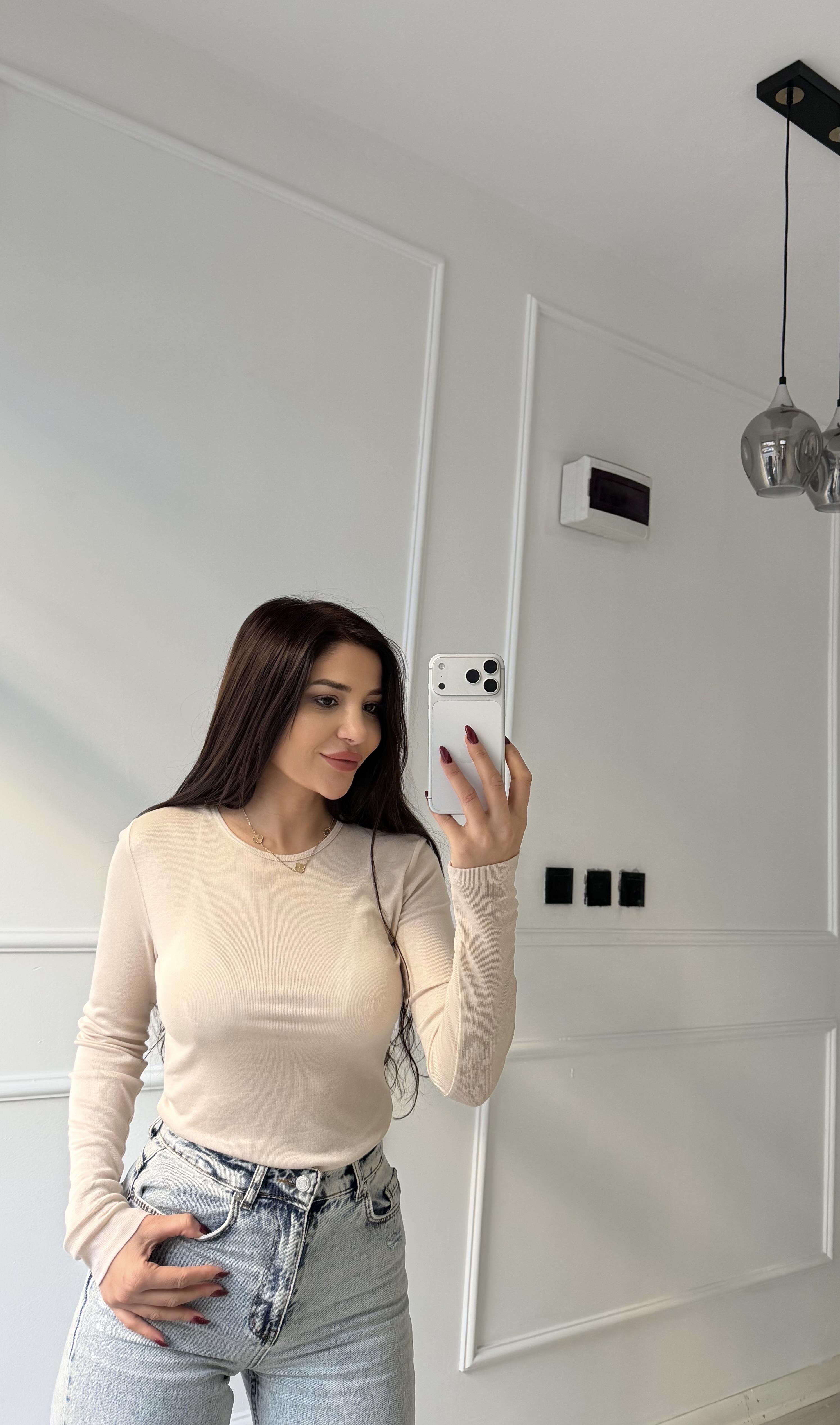 Bej Bisiklet Yaka Uzun Kollu Transparan Bluz