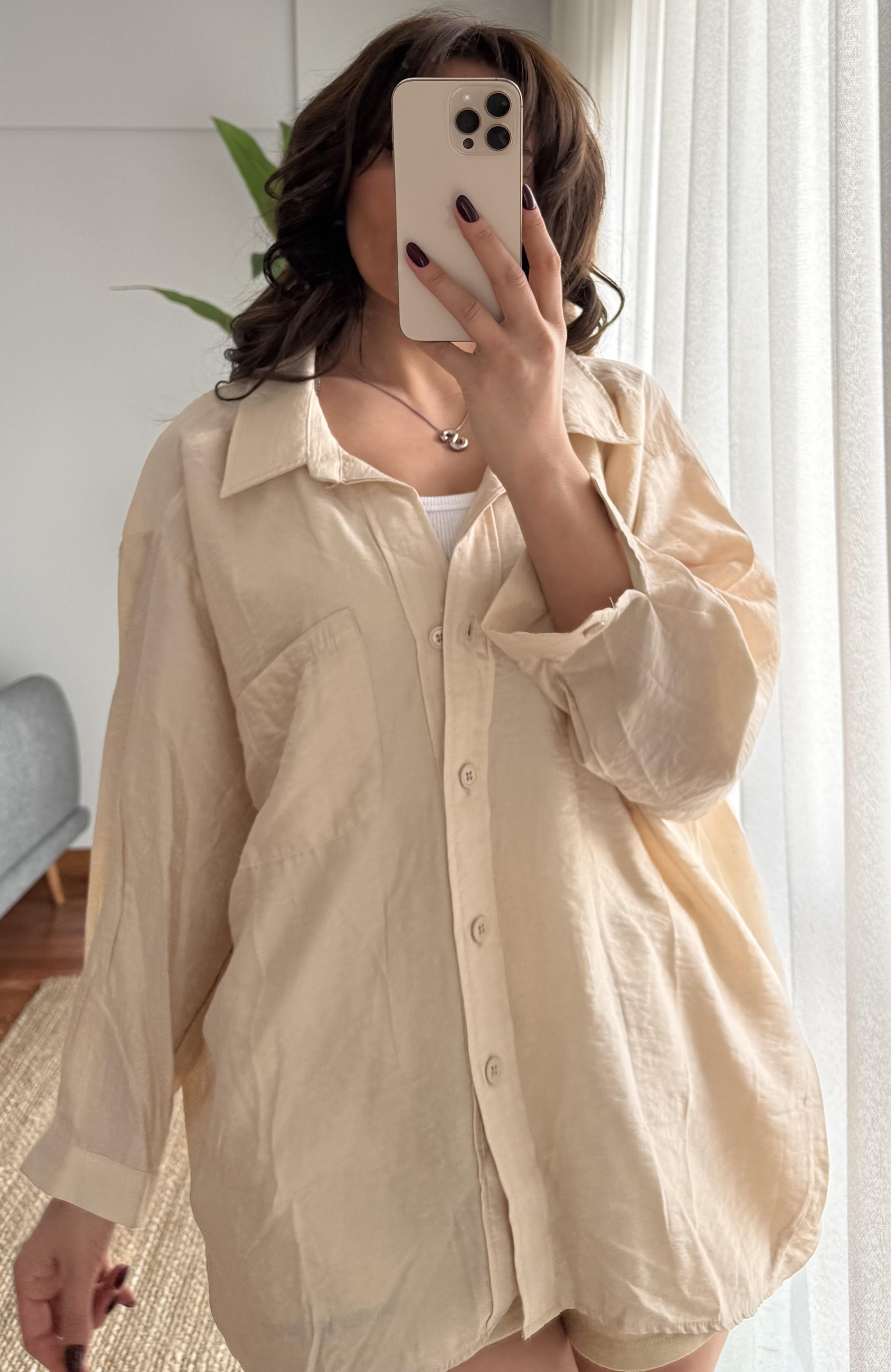 Bej Oversize Tensel Gömlek