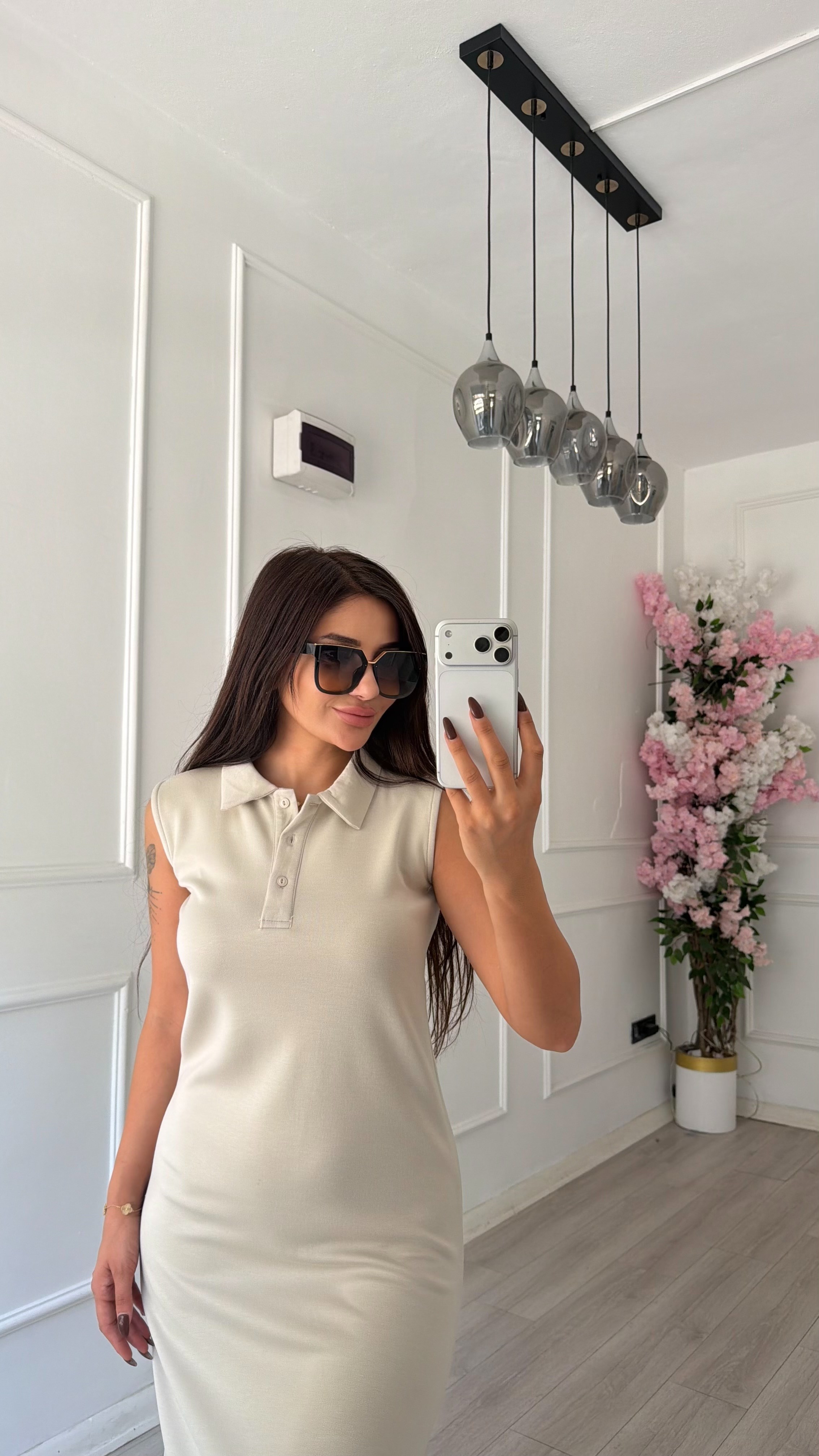 Bej Polo Yaka Sıfır Kol Uzun Elbise